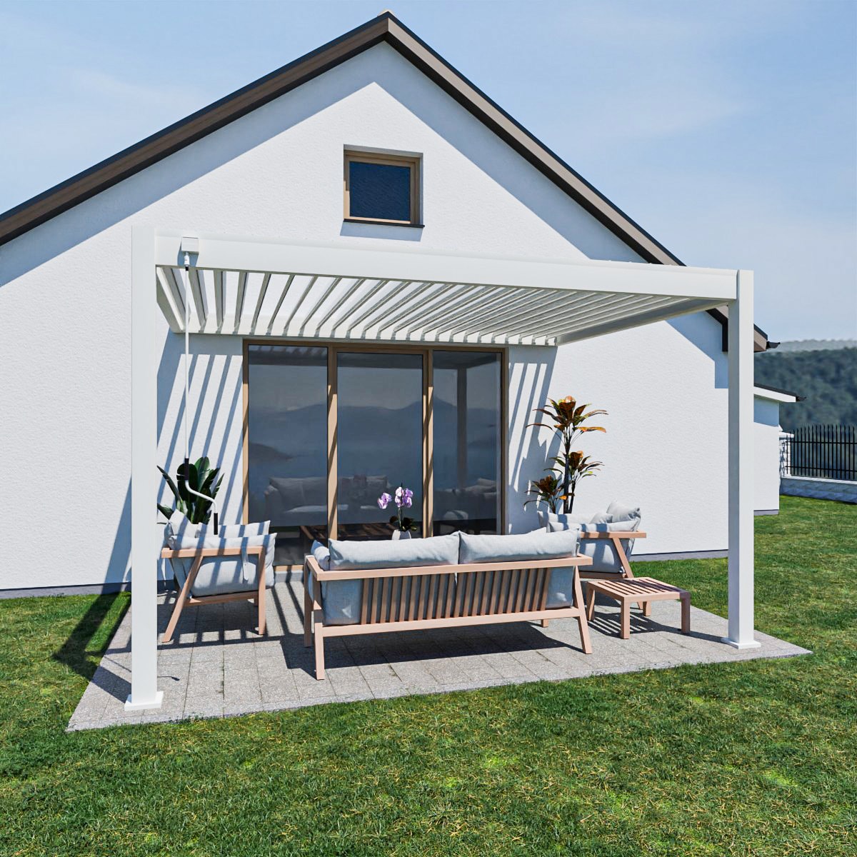 Weide Deluxe | Wand Pergola | Voll Aluminium | 3 x 4 M | Lamellendach wei&szlig;? 