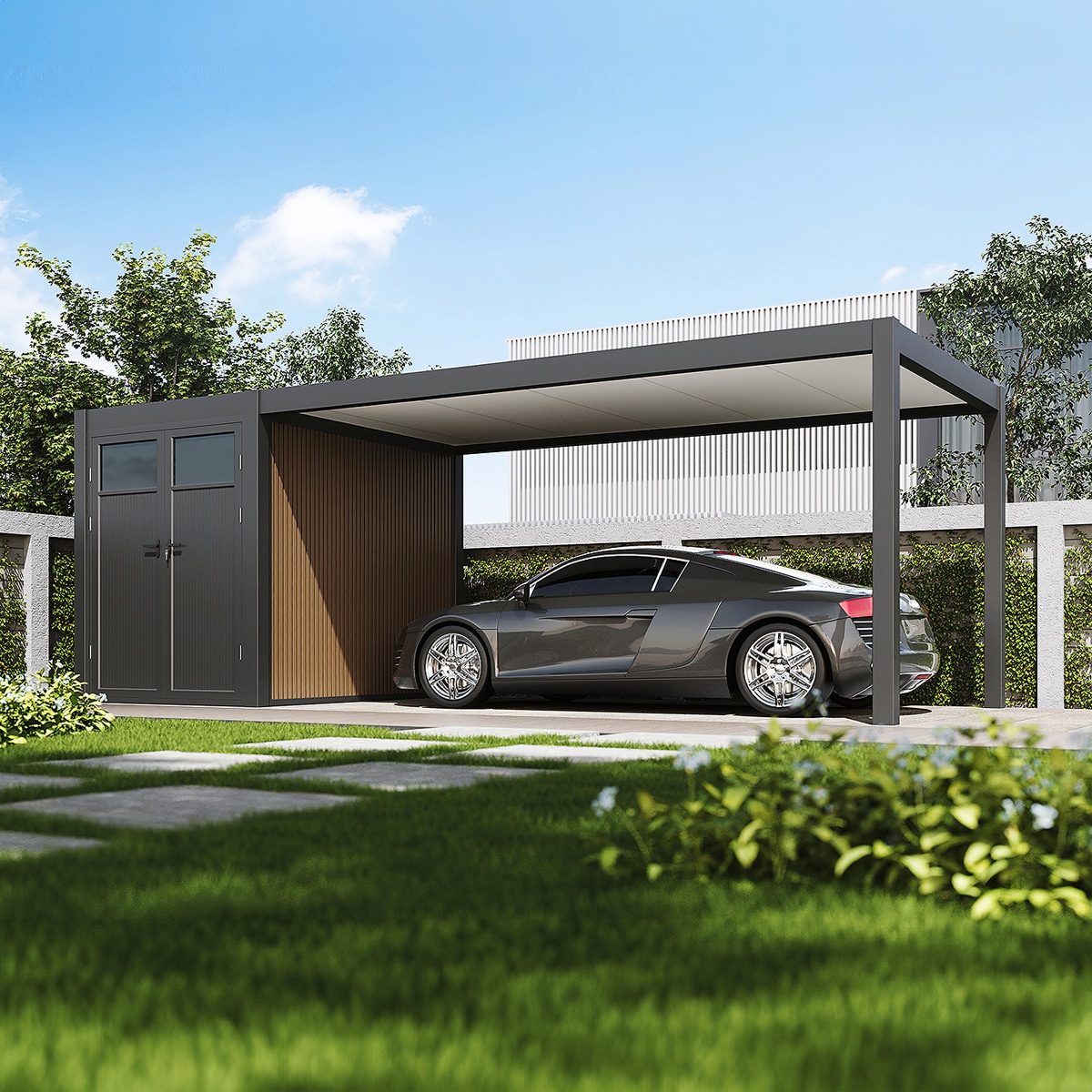 Weide Carport aus Aluminium mit Schuppen | 3 x 7,2 M | Garage anthrazit | Auto&uuml;berdachung? 