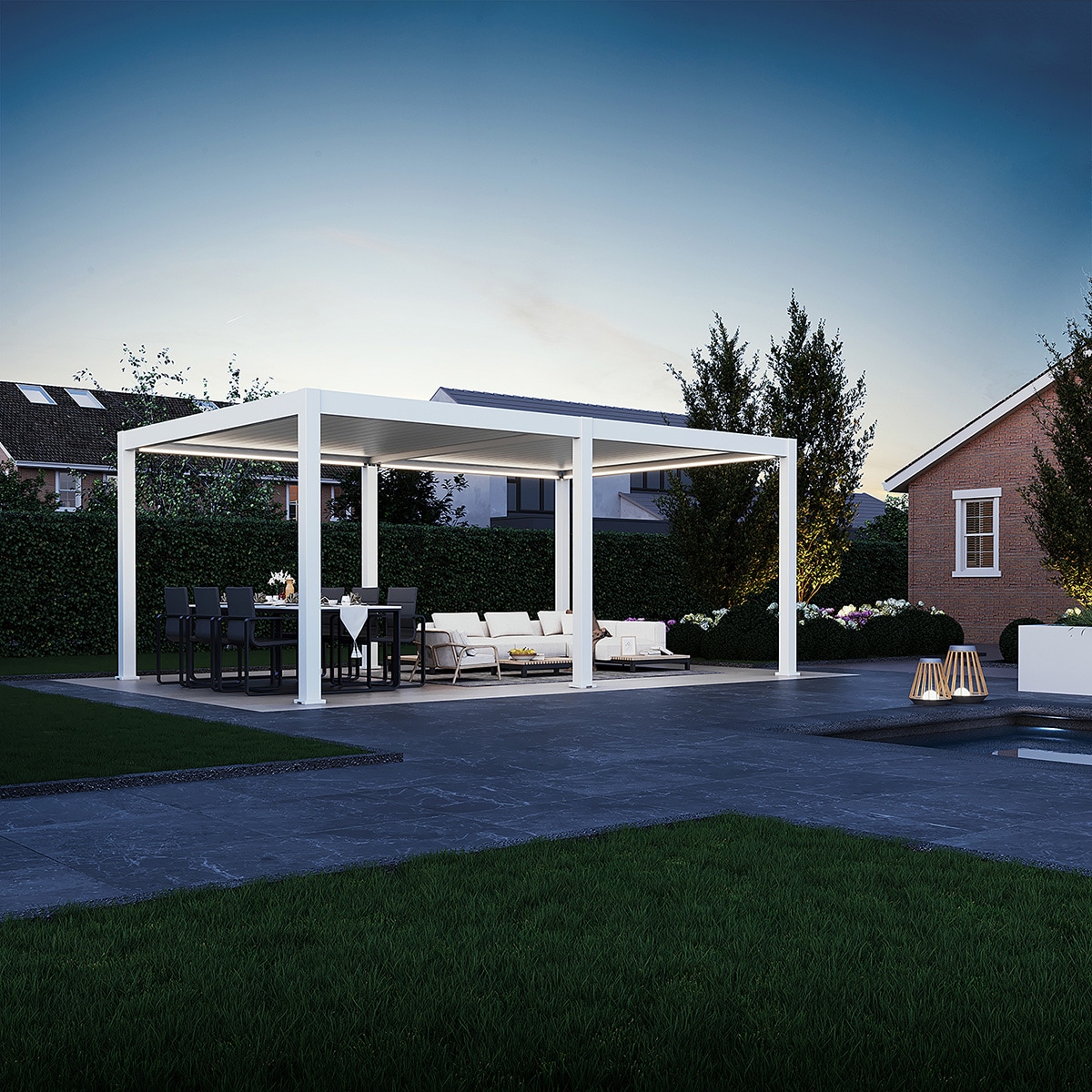 Weide E-Deluxe Plus | elektrische Pergola mit LED | Voll Aluminium | 4 x 6 M | motorisiertes Lamellendach wei&szlig;? 