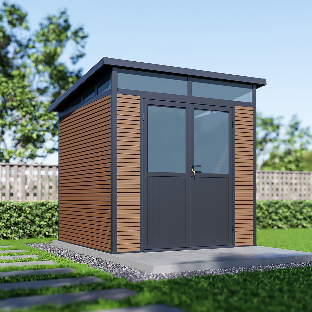 Weide Gartenhaus | Aluminium & WPC | Ger&auml;tehaus mit Doppelt&uuml;r | 218x218 cm | Wetterfest in Teak? 