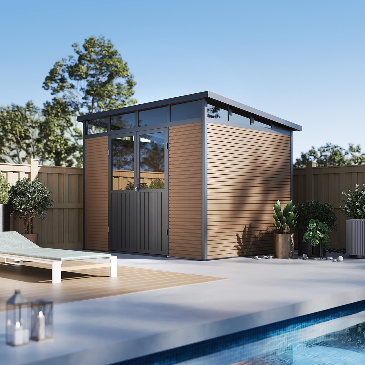 Weide Gartenhaus | Aluminium & WPC | Ger&auml;tehaus mit Doppelt&uuml;r | 278x218 cm | Wetterfest in Teak? 