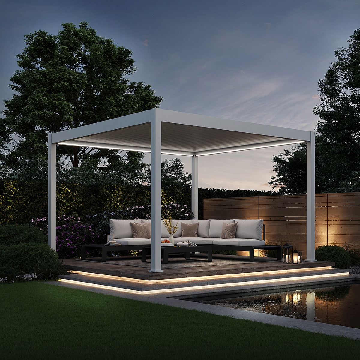 Weide E-Deluxe | elektrische Pergola mit LED | Voll Aluminium | 3,6 x 4 M | motorisiertes Lamellendach wei&szlig;? 