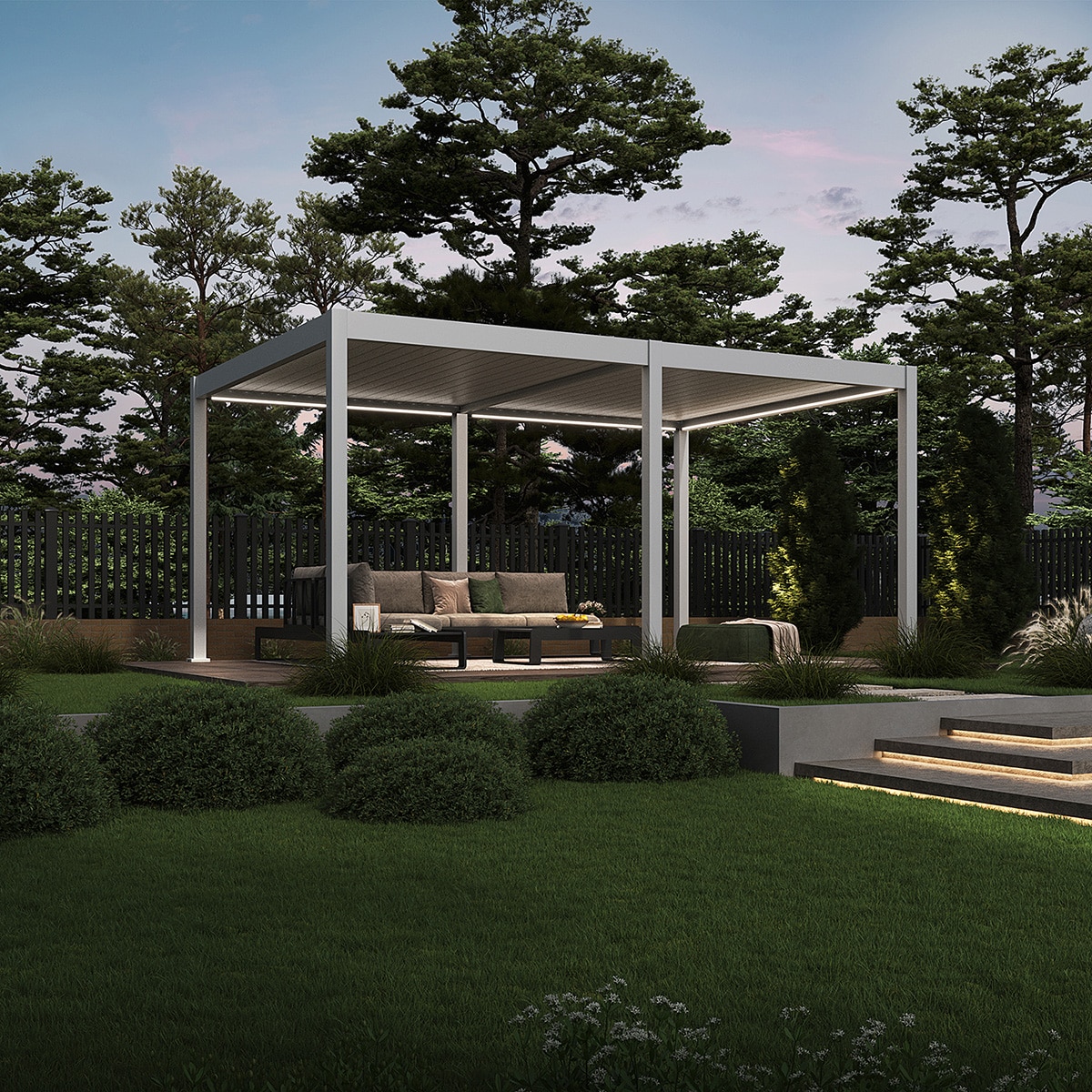 Weide E-Deluxe | elektrische Pergola mit LED | Voll Aluminium | 3,6 x 5,3 M | motorisiertes Lamellendach wei&szlig;? 