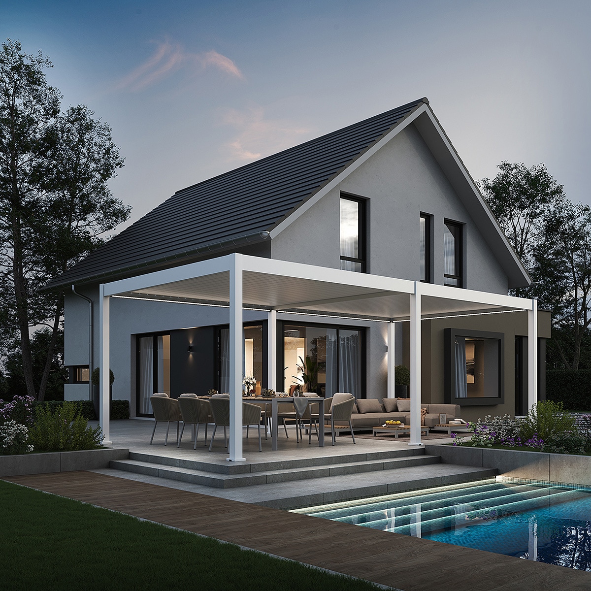 Weide E-Deluxe | elektrische Pergola mit LED | Voll Aluminium | 3,6 x 7,2 M | motorisiertes Lamellendach wei&szlig;? 