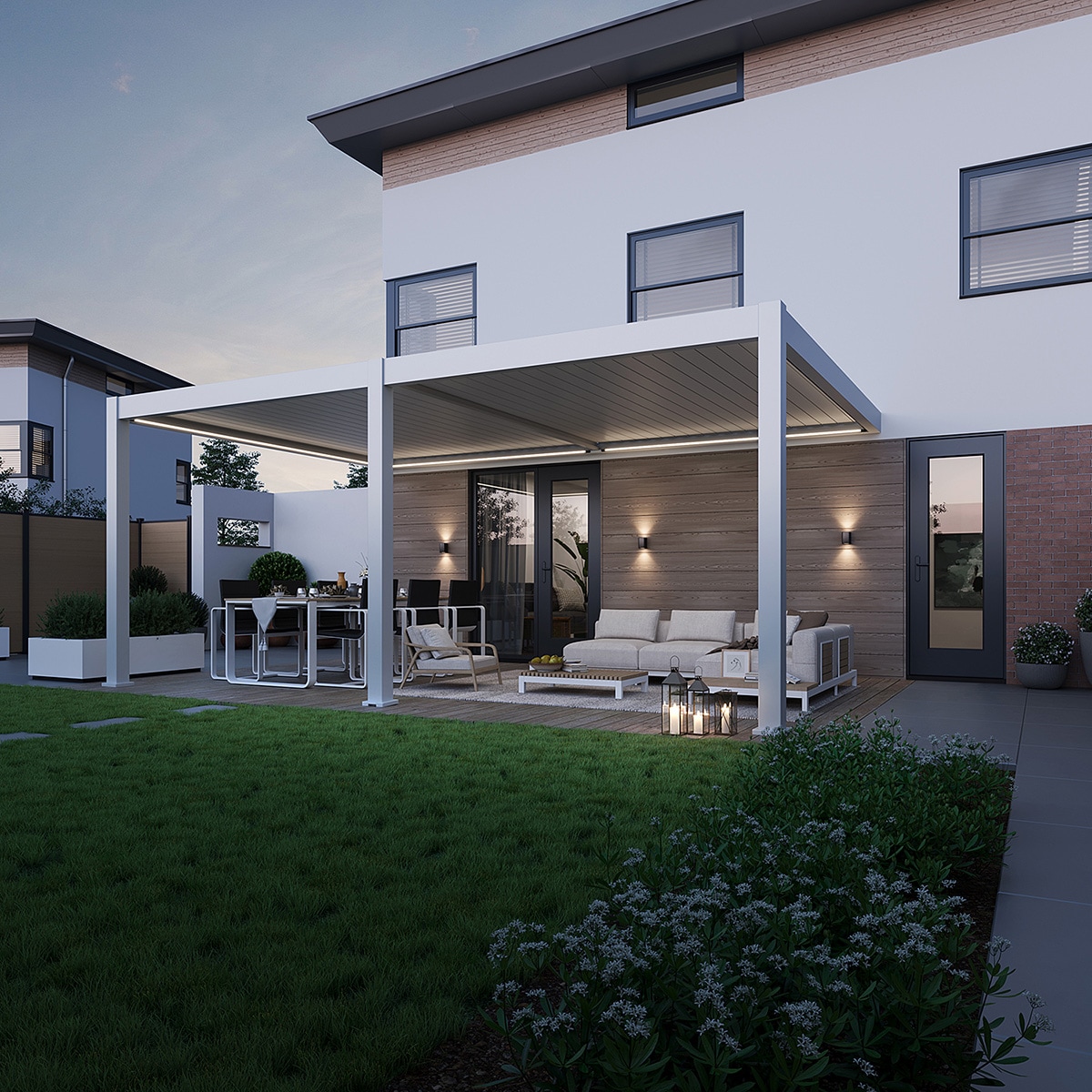 Weide E-Deluxe Plus | elektrische Wand Pergola mit LED | Voll Aluminium | 4 x 6 M | motorisiertes Lamellendach wei&szlig;? 