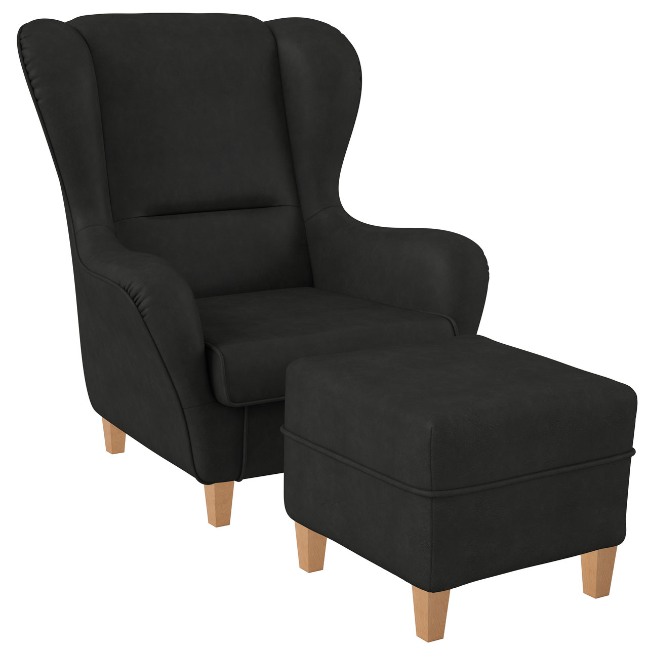 Supellex Sofia Ohrensessel mit Hocker | Design Kunstleder Milano Anthrazit grau 