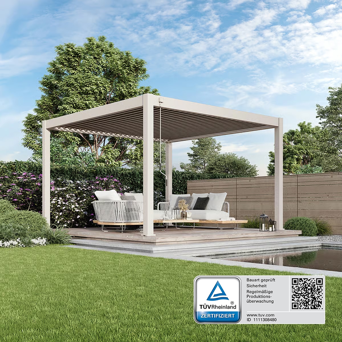 Weide Deluxe Plus | Pergola Voll Aluminium freistehend | 4 x 4 M | Lamellendach Ivory Sand? 