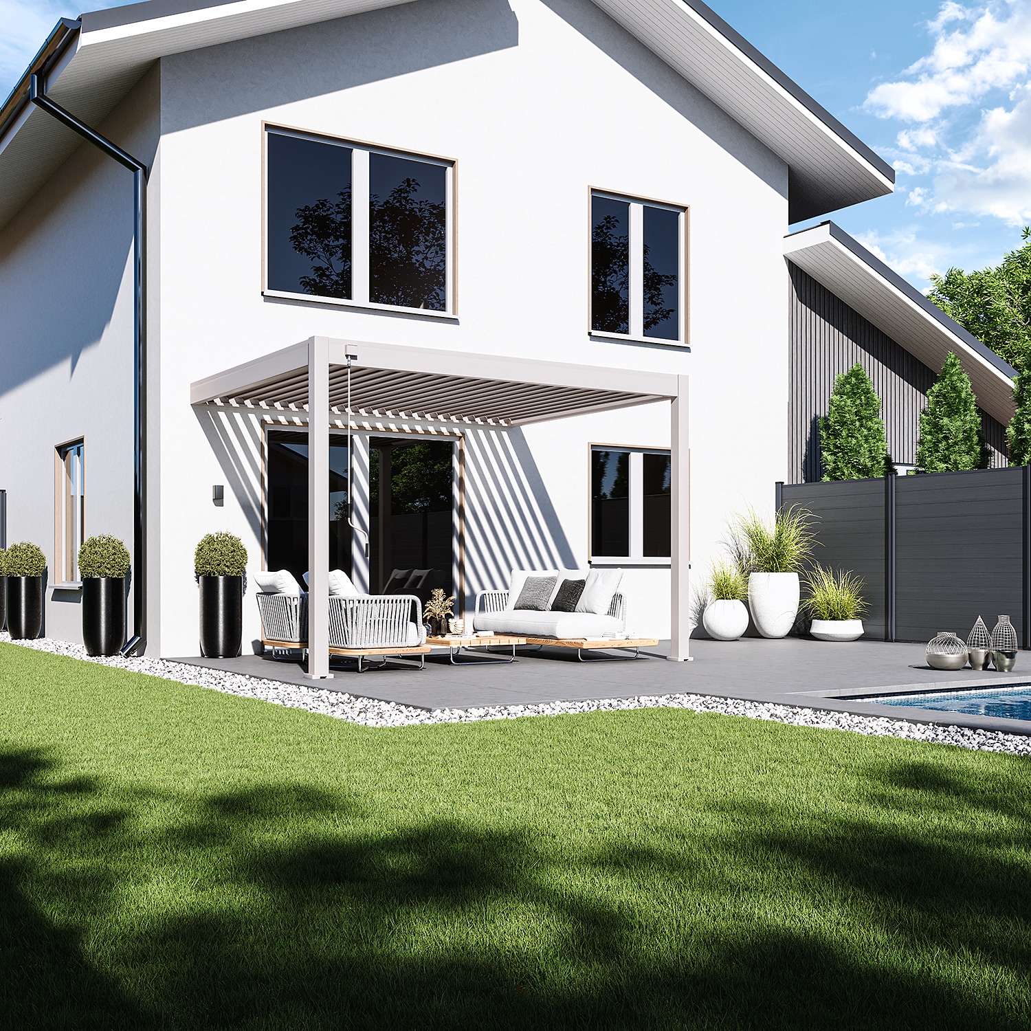 Weide Deluxe | Wand Pergola | Voll Aluminium | 3 x 3,6 M | Lamellendach Ivory Sand? 