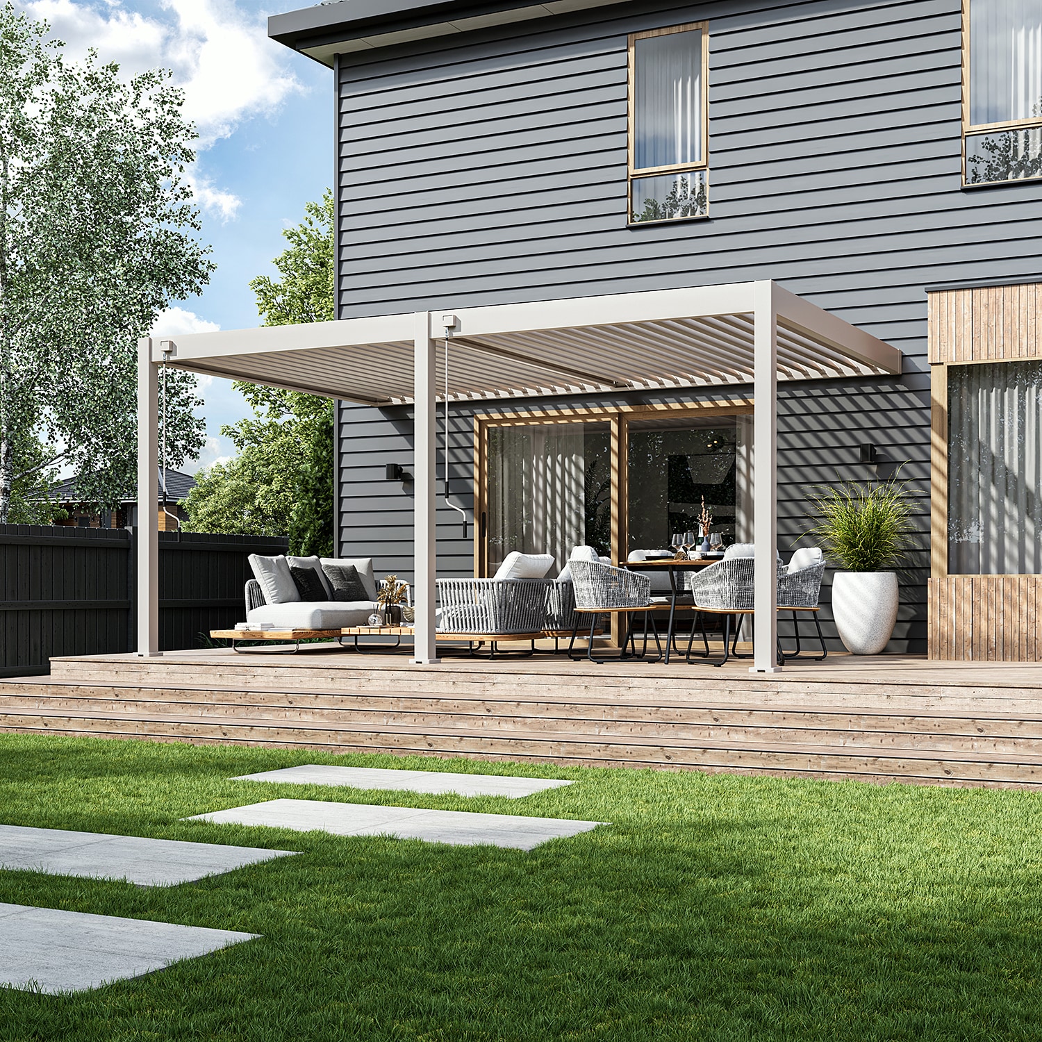 Weide Deluxe | Wand Pergola | Voll Aluminium | 3,6 x 5,3 M | Lamellendach ivory sand? 