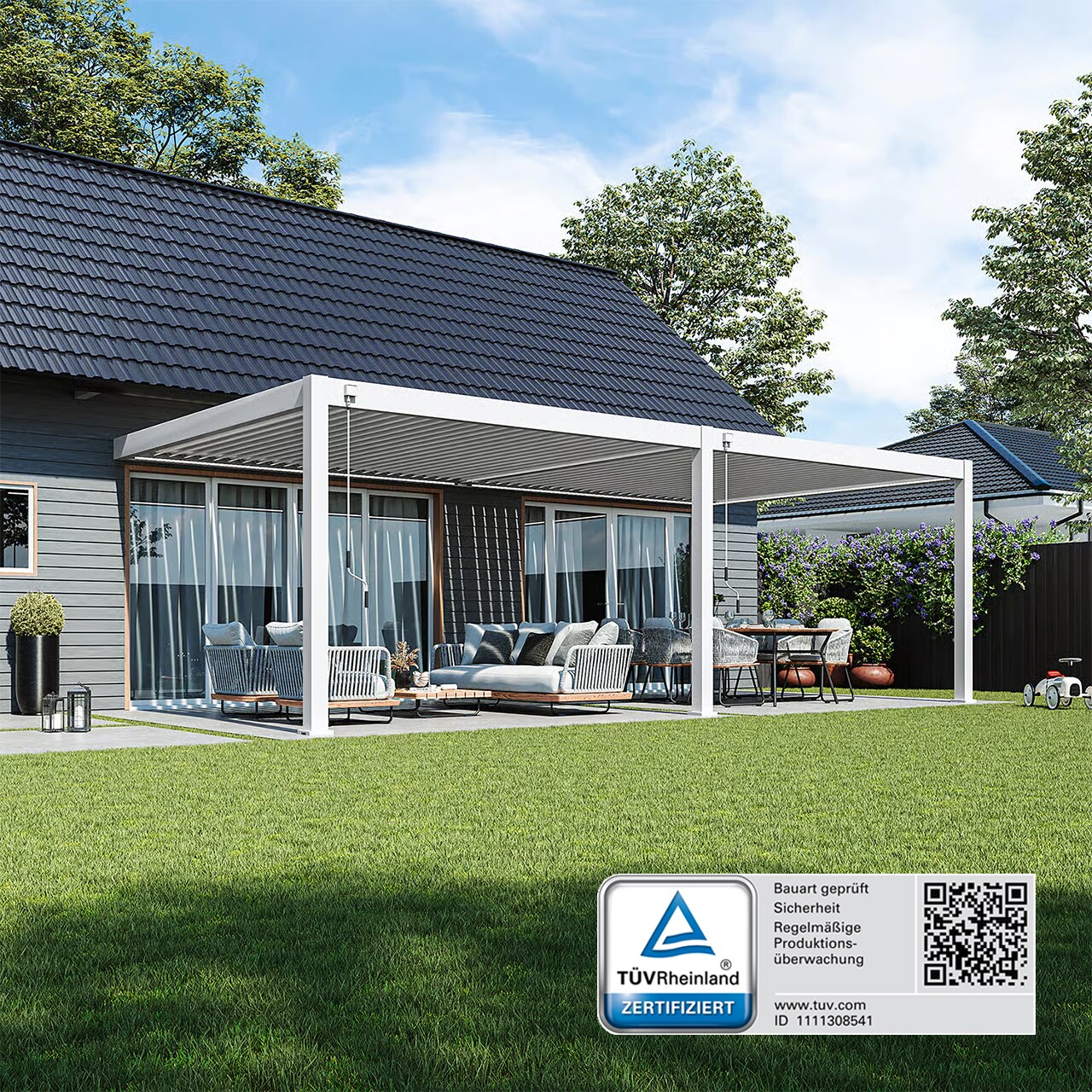 Weide Deluxe Plus Wand-Pergola Voll-Aluminium 4x8m mit Lamellendach wei&szlig;? 