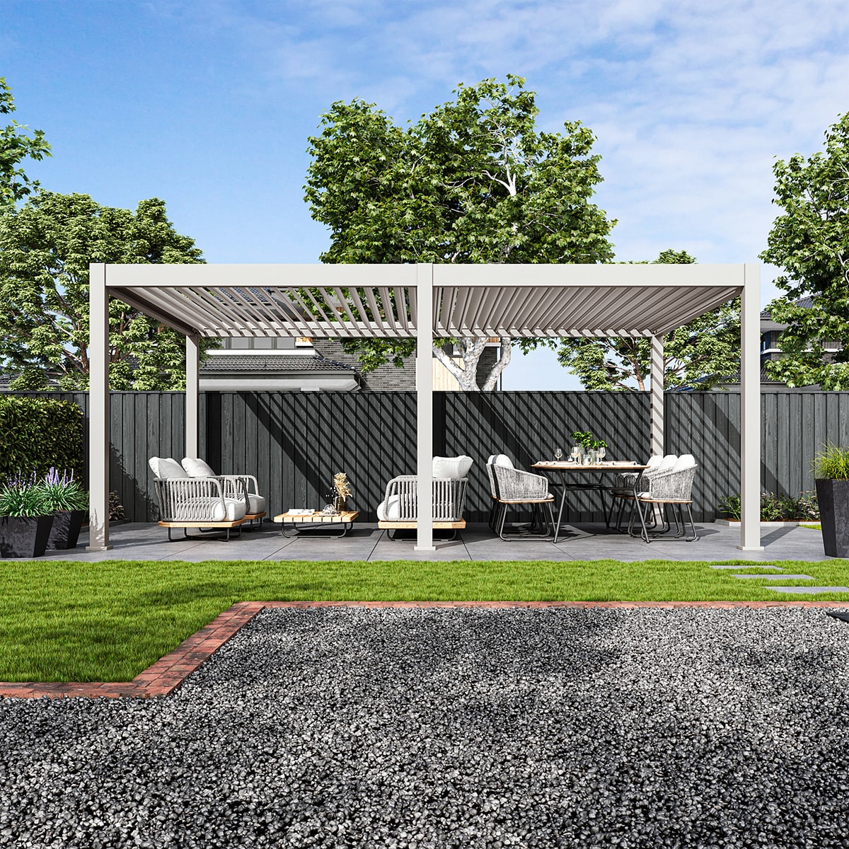 Weide E-Deluxe Plus | elektrische Pergola mit LED | Voll Aluminium | 4 x 6 M | motorisiertes Lamellendach Ivory Sand?4.0 x 6.0 Meter 