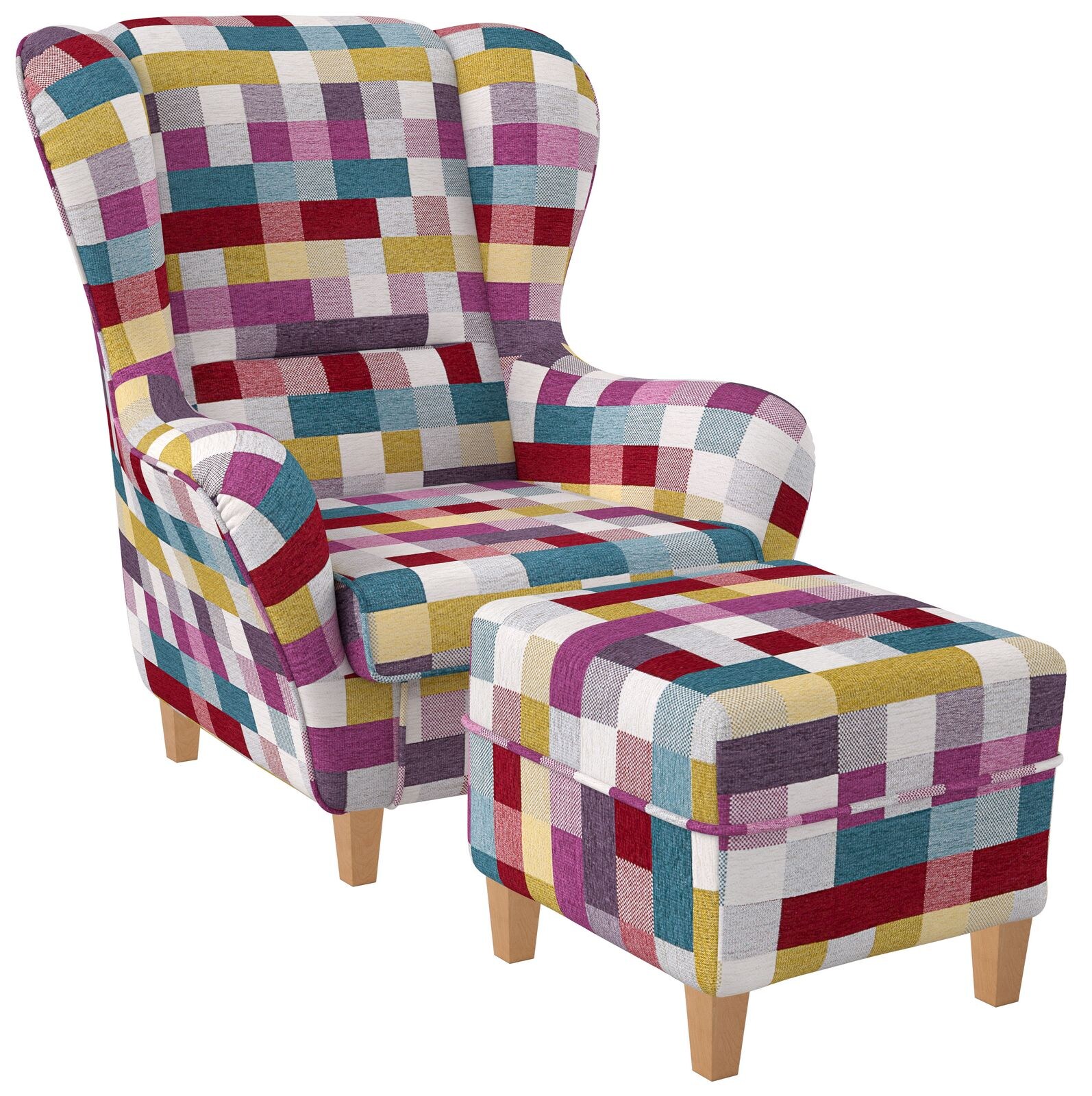 Supellex Sofia Ohrensessel mit Hocker Design Patchwork kariert bunt