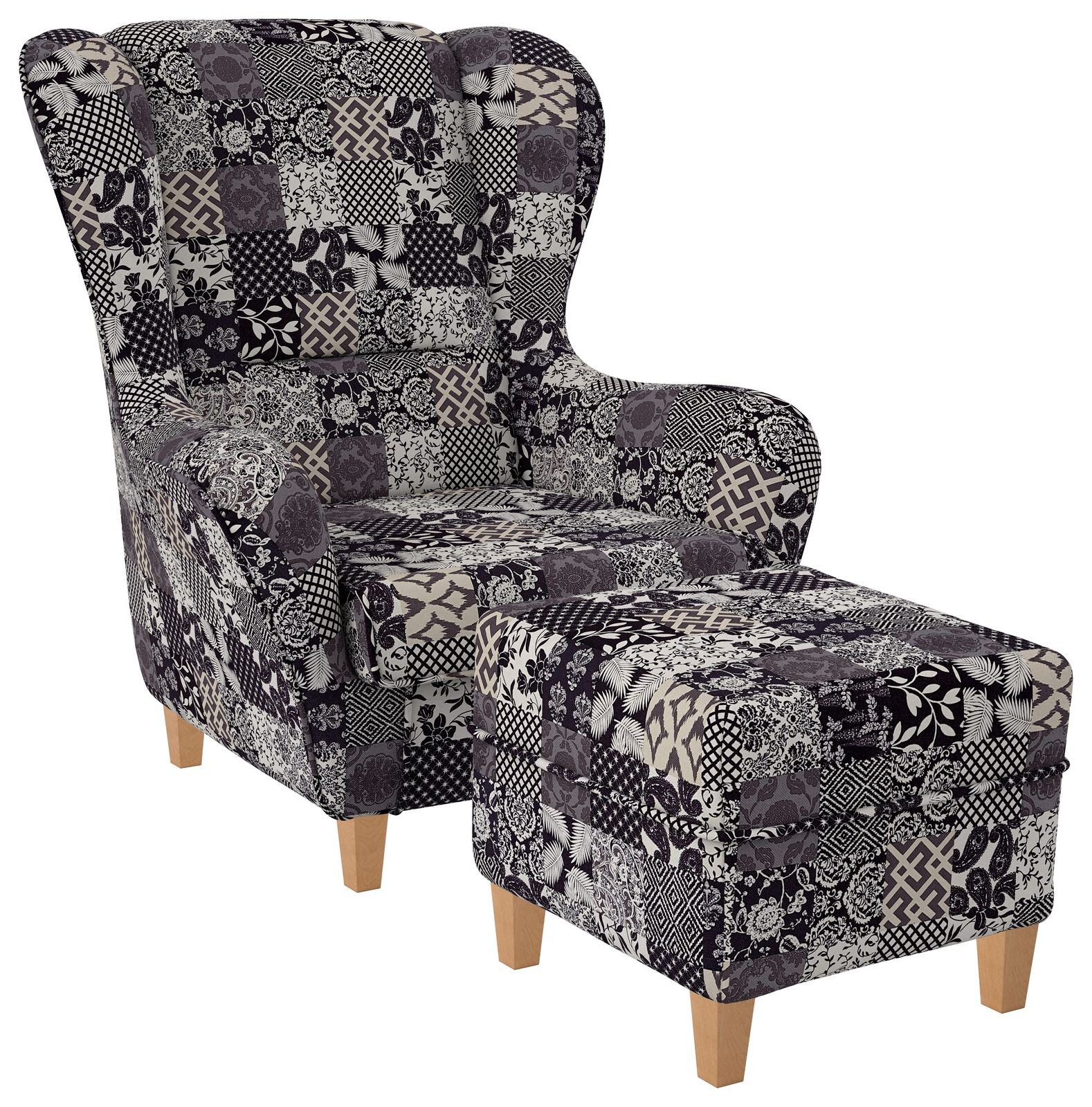 Supellex Ohrensessel mit Hocker Design Flora Schwarz Beige