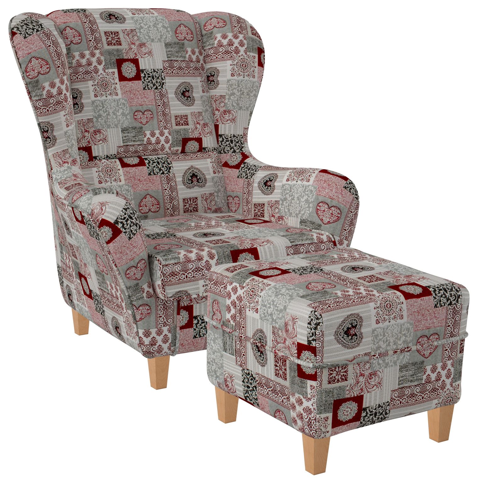 Supellex Sofia Ohrensessel mit Hocker | Design Patchwork Ornamente, Herz Rot? 