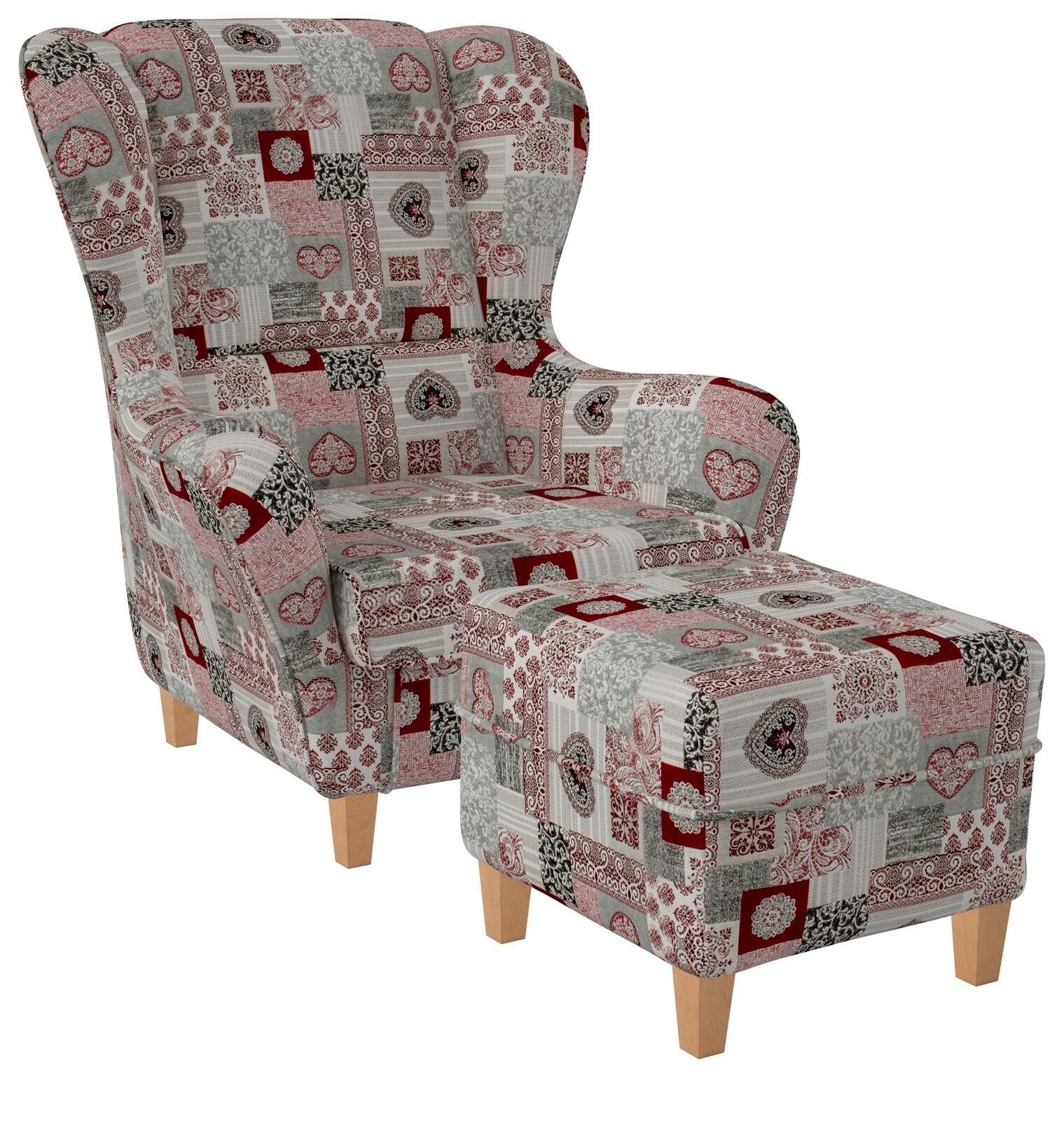 Supellex Sofia Ohrensessel mit Hocker Design Patchwork Ornamente, Herz Rot