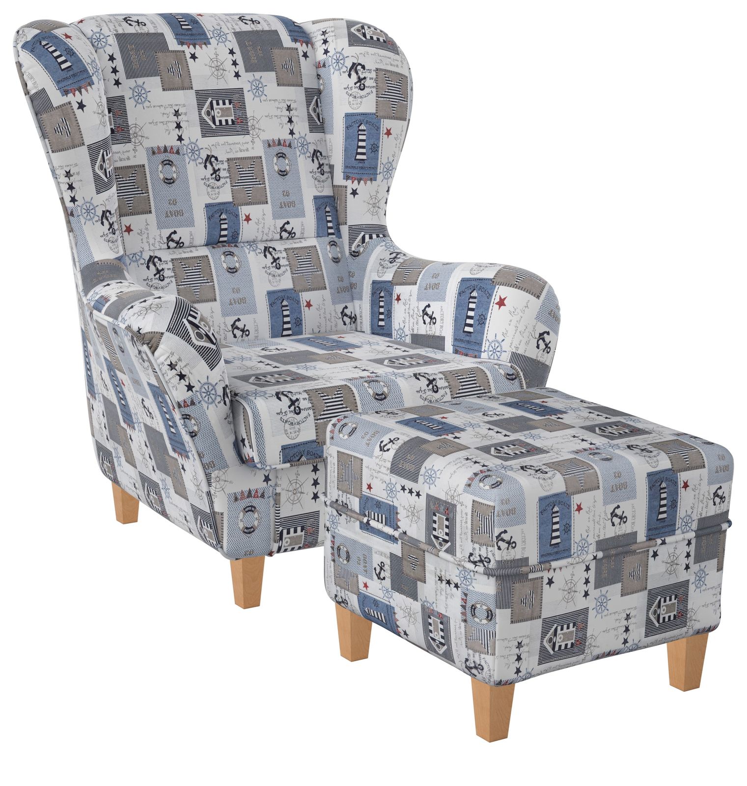 Supellex Sofia Ohrensessel mit Hocker Design Patchwork maritime Motive? 