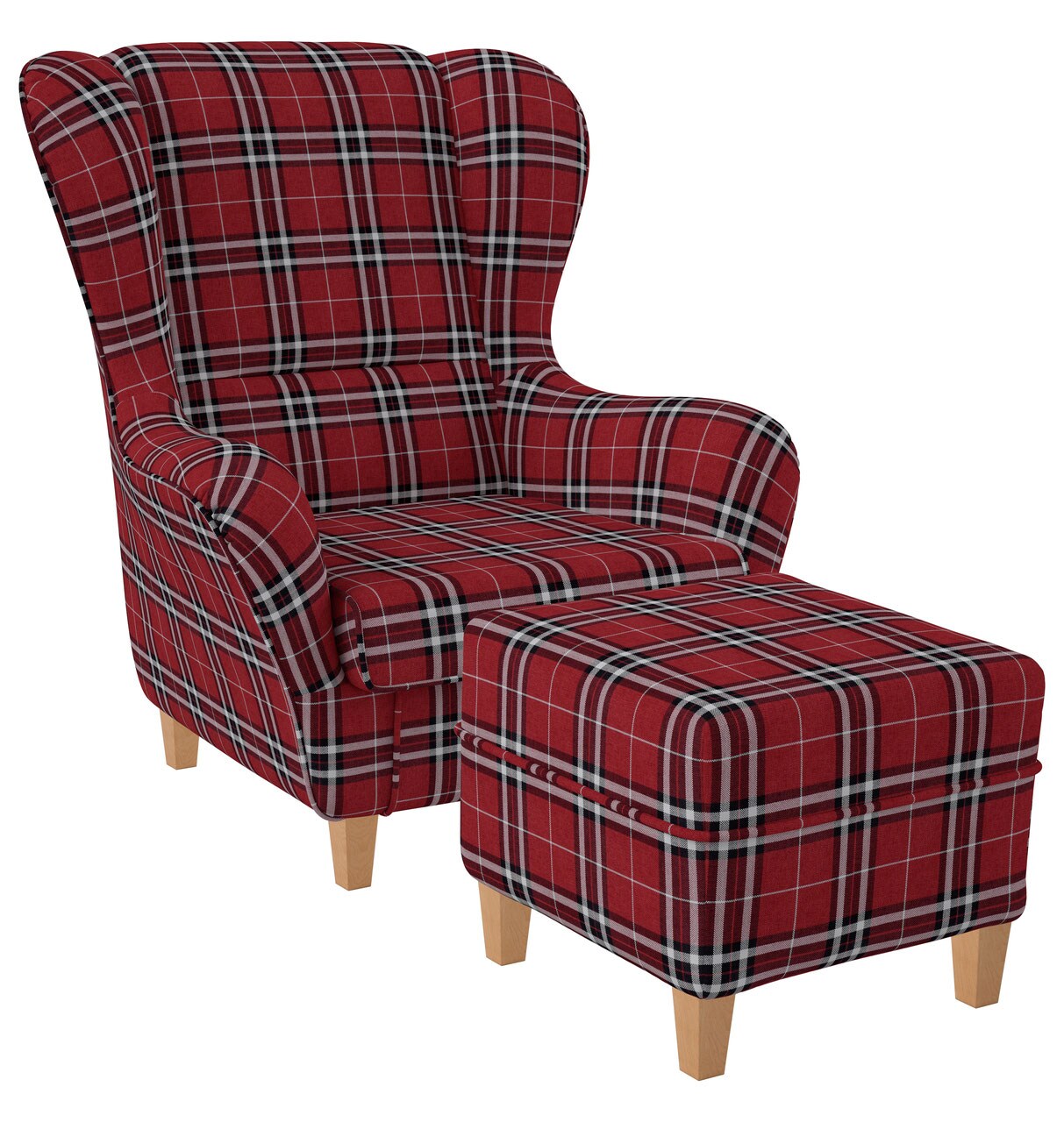 Supellex Sofia Ohrensessel mit Hocker Design Oxford kariert Rot