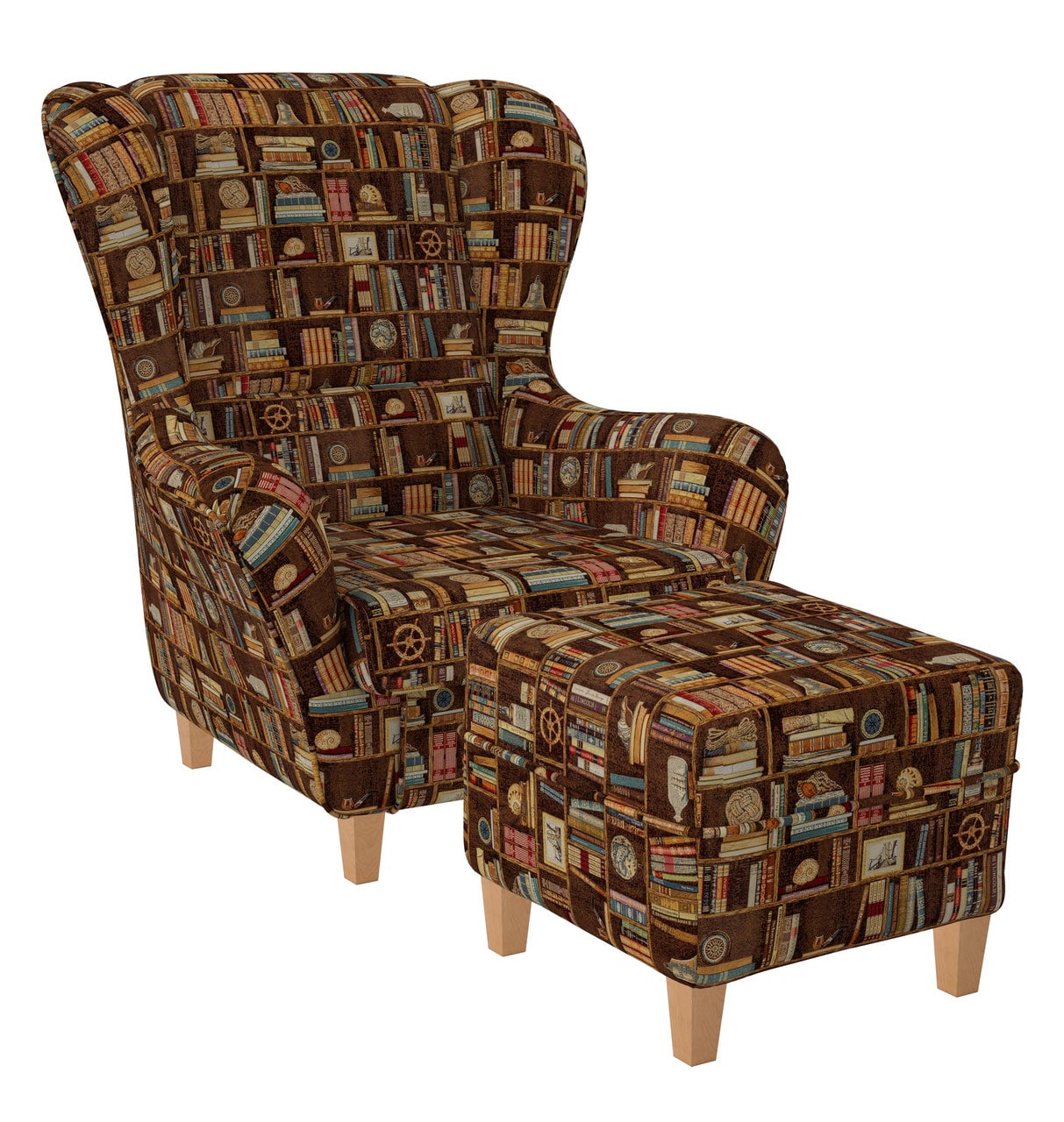 Supellex Sofia Ohrensessel mit Hocker Design Bibliothek, Bücherregal in Walnuss