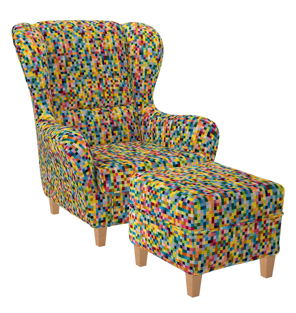 Supellex Sofia Ohrensessel mit Hocker Design Pixel, kariert, bunt fancy