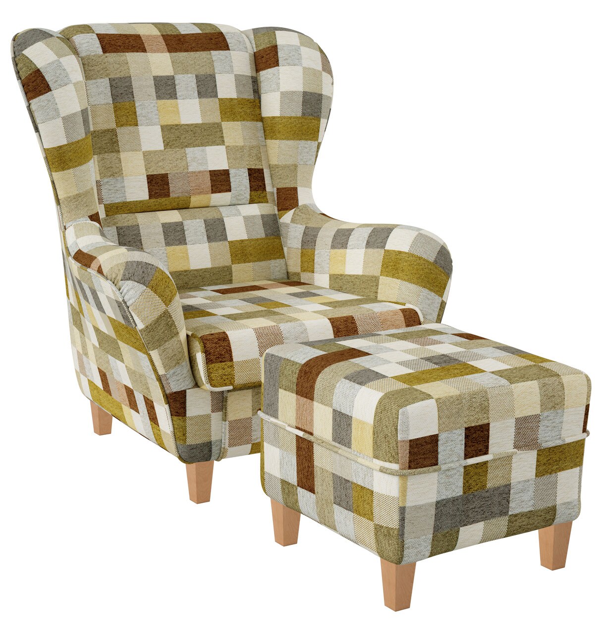 Supellex Sofia Ohrensessel mit Hocker Design kariert Beige-Ocker