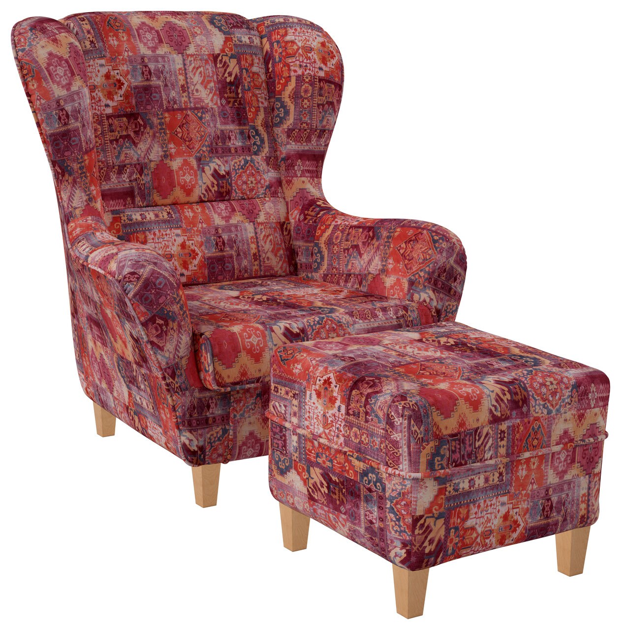 Supellex Sofia Ohrensessel mit Hocker | Patchwork, Samt-Velours, Orient Rot? 