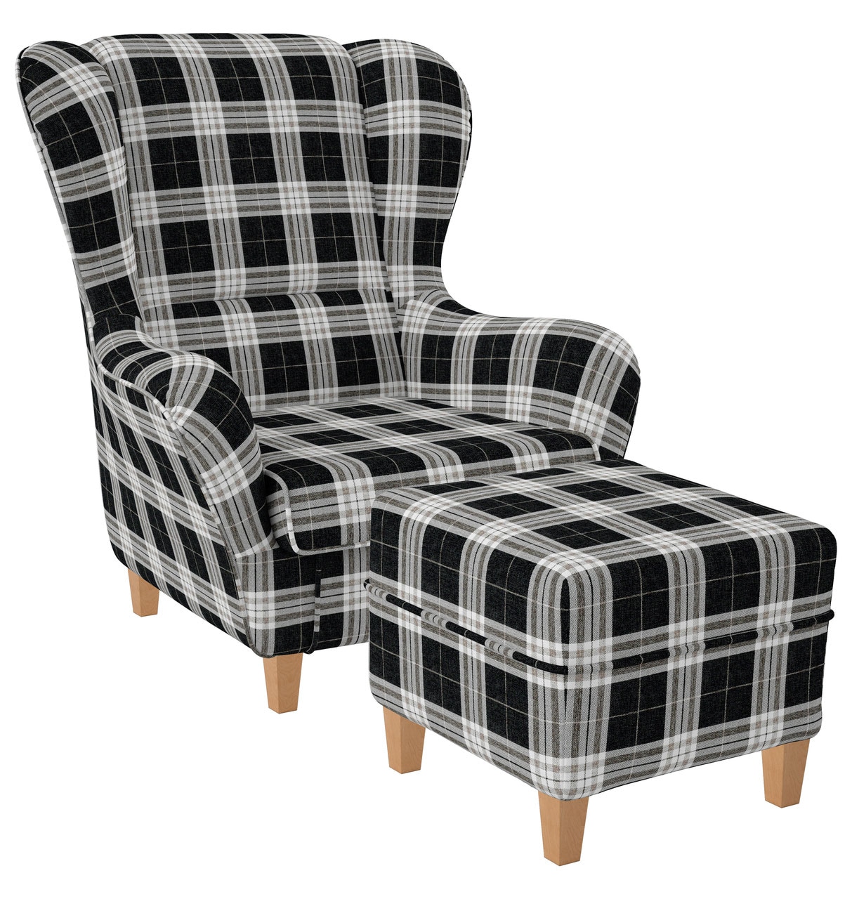 Supellex Sofia Ohrensessel mit Hocker Design Oxford kariert