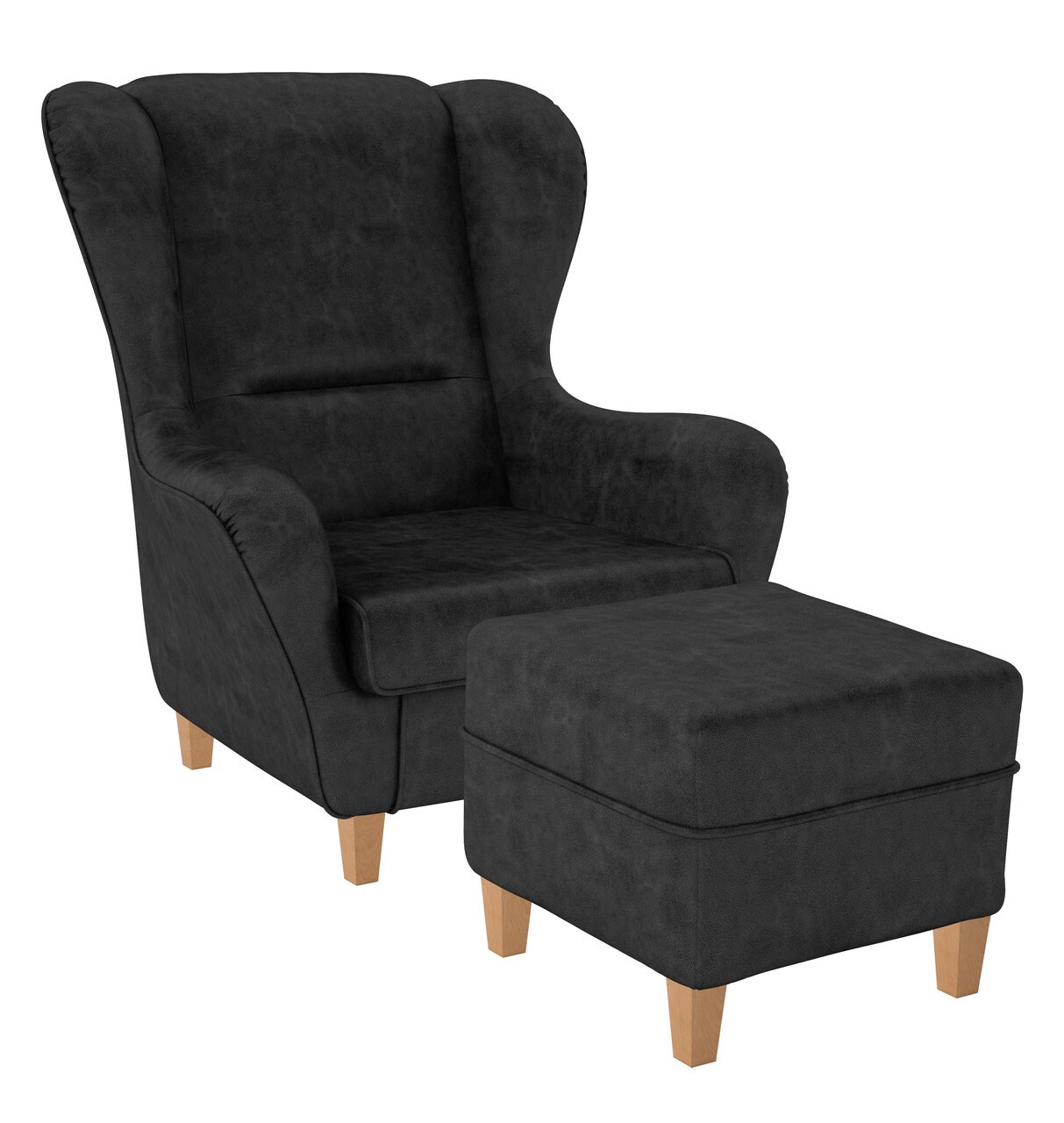 Supellex Sofia Ohrensessel mit Hocker Design Kunstleder Texas Anthrazit