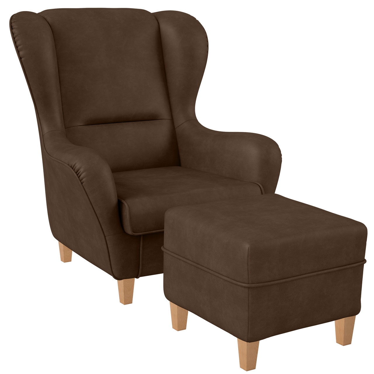 Sofia Ohrensessel mit Hocker | Design Kunstleder Nougatbraun? 