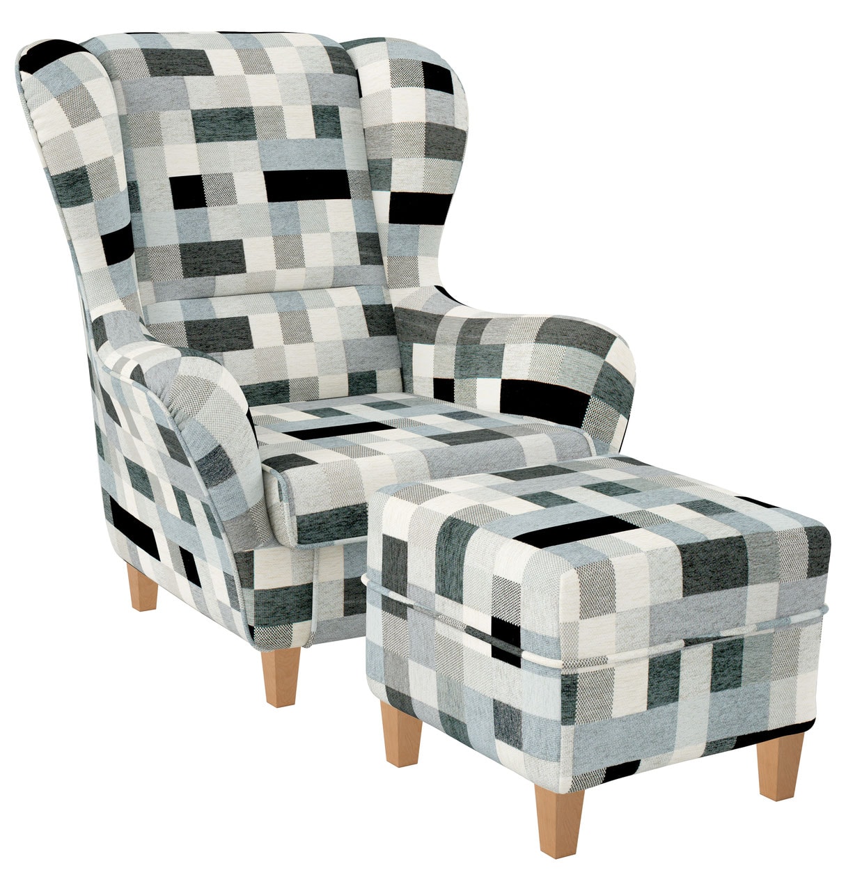 Supellex Sofia Ohrensessel mit Hocker | Design Patchwork grau? 