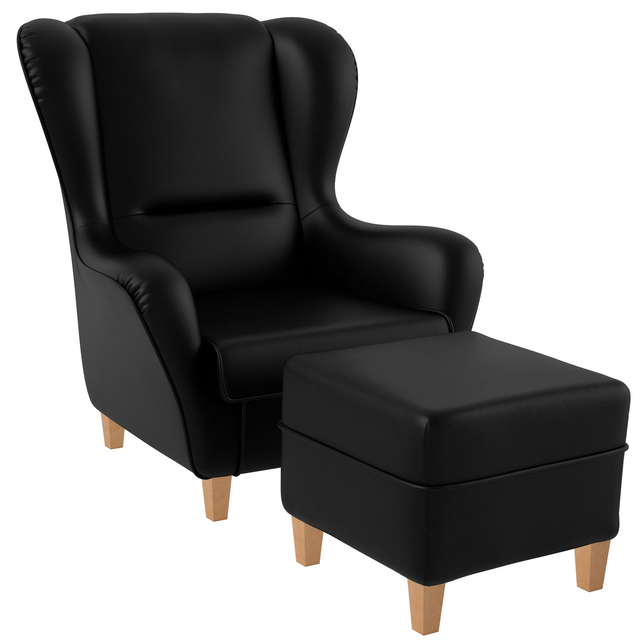 Supellex Sofia Ohrensessel mit Hocker | Design Kunstleder Milano Schwarz? 