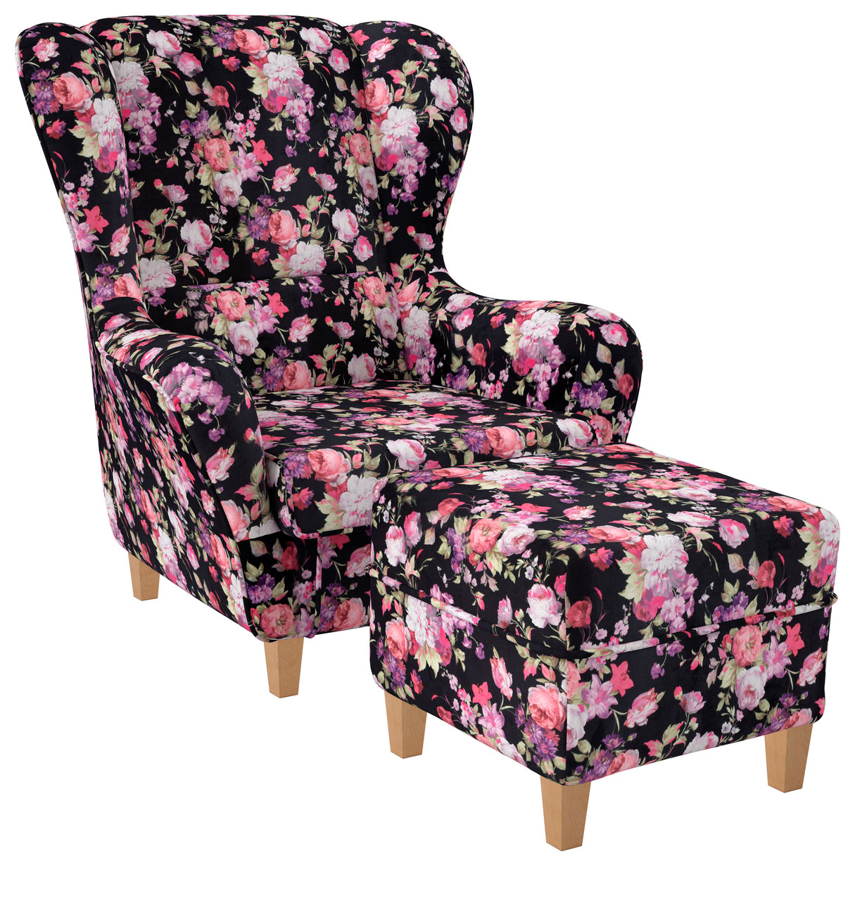 Supellex Sofia Ohrensessel mit Hocker | Patchwork, Samt-Velours, Rosen? 