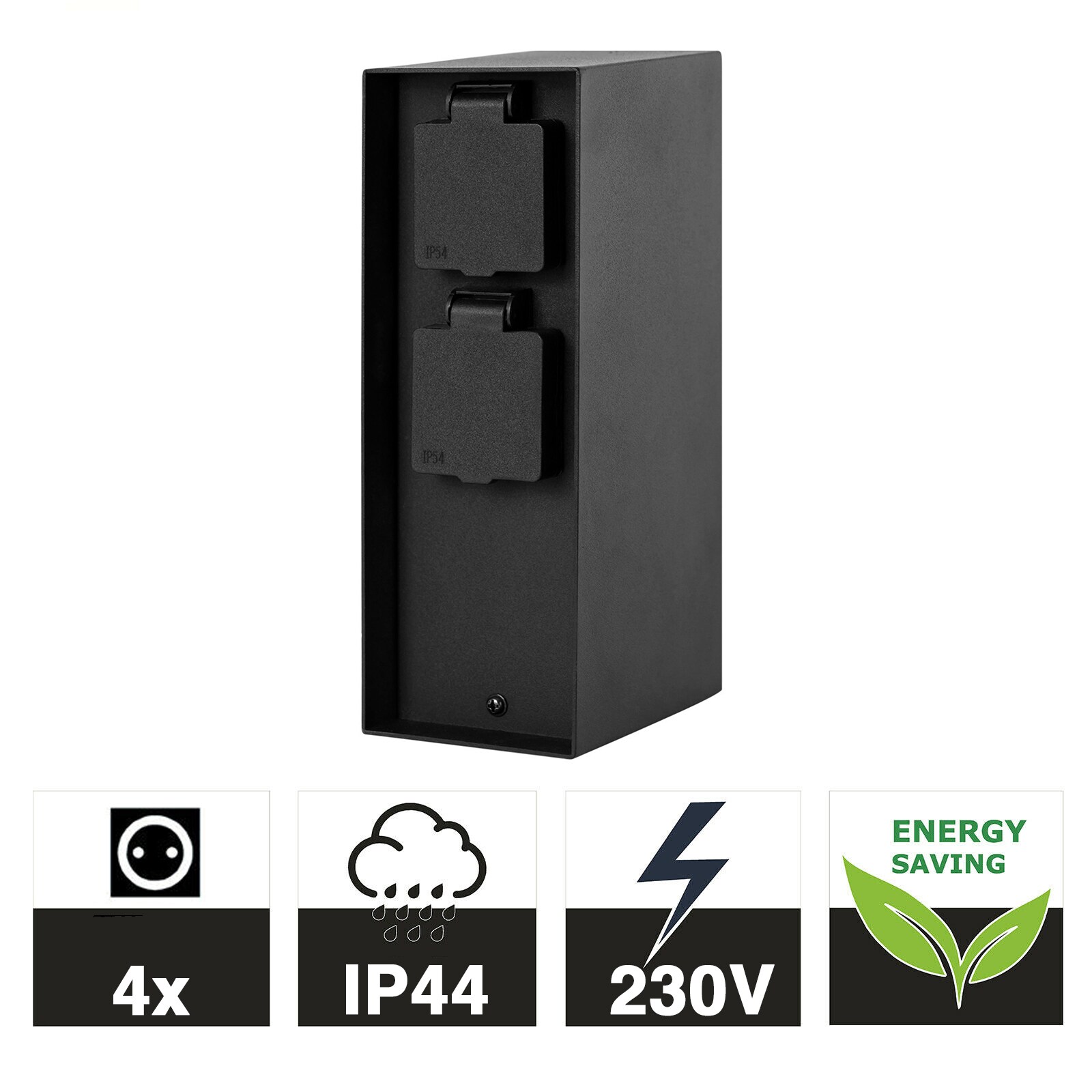 Grafner&reg; Steckdosens&auml;ule Schwarz mit 4 Au&szlig;ensteckdosen Edelstahl Gartensteckdose Energies&auml;ule 