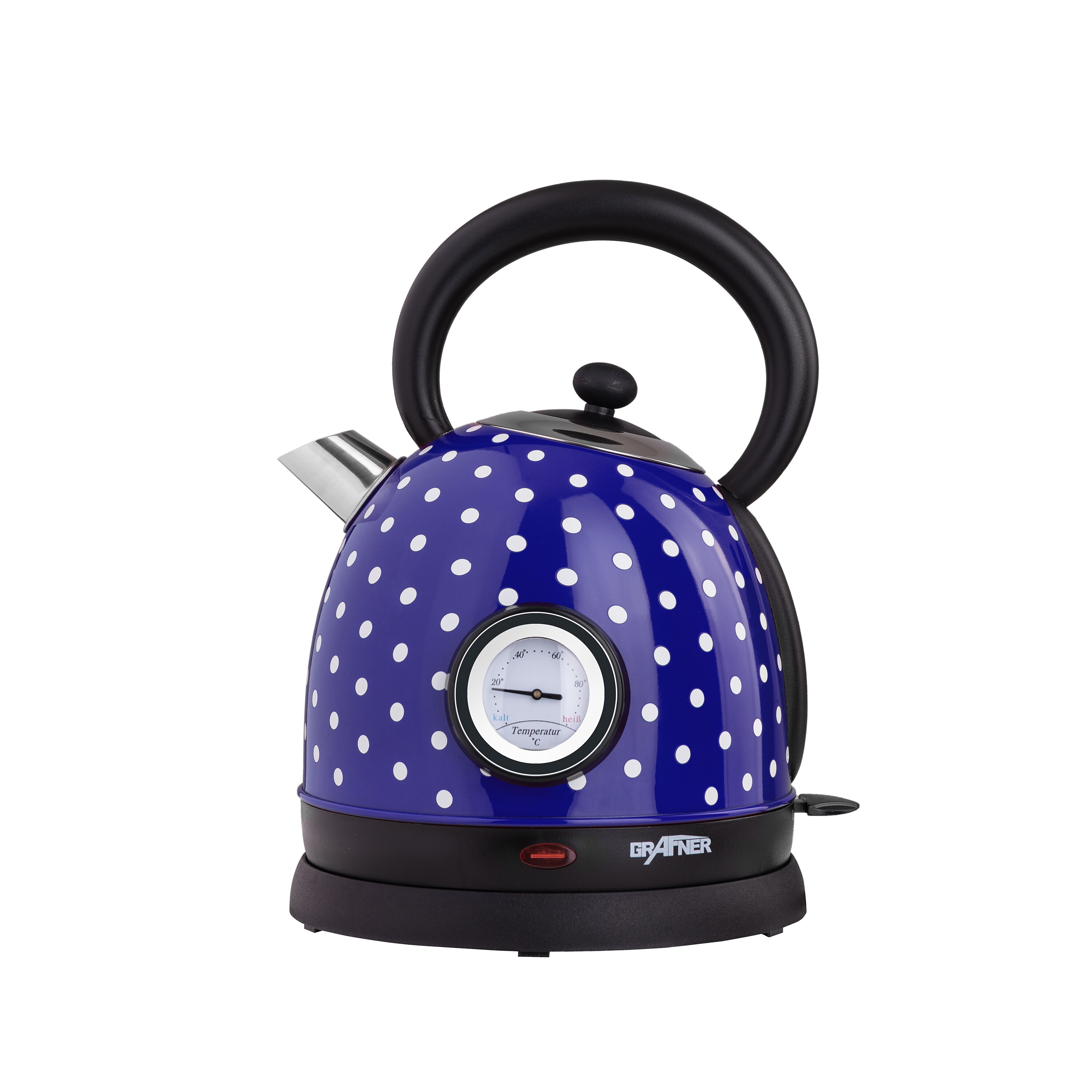 Grafner&reg; Retro-Wasserkocher 1,8 Liter 2200 Watt mit Thermometer blau / P&uuml;nktchen  WK10863 