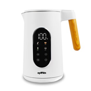 Grafner Wasserkocher Edelstahl Holzdekor mit Temperatureinstellung und Display weiß 2200 Watt 1,7L 