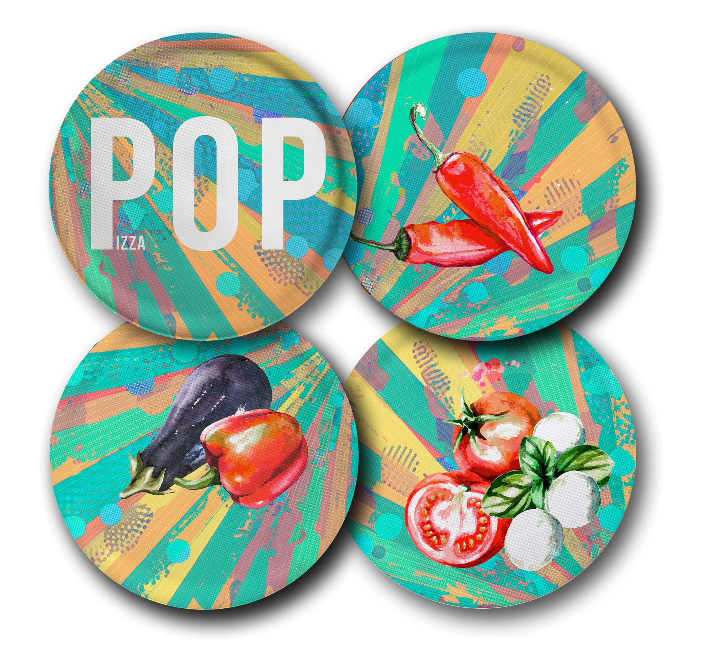 M&auml;ser Pizzateller, Porzellan Pop Blau, Gr&uuml;n, Rot, Wei&szlig; 