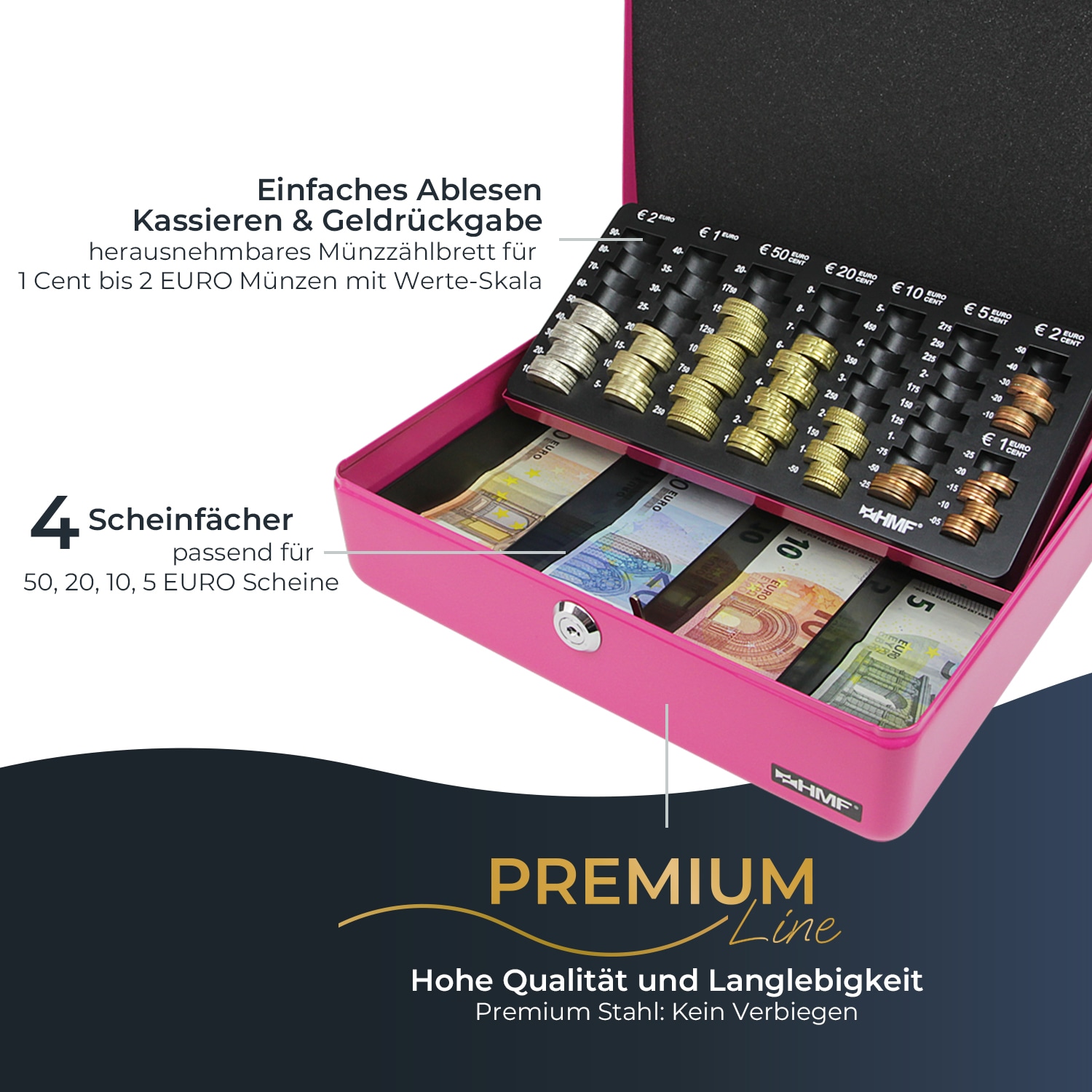 HMF Geldkassette abschlie&szlig;bar mit M&uuml;nzz&auml;hlbrett, 30 x 24 x 9 cm, Pink 