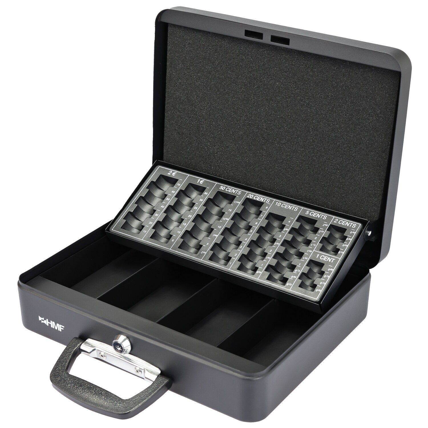 HMF Geldkassette mit M&uuml;nzz&auml;hlbrett und Koffertragegriff, 30,5 x 24 x 8,5 cm, Schwarz 