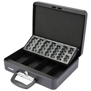 HMF 10016-02 Geldkassette mit Münzzählbrett und Koffertragegriff, 30,5 x 24 x 8,5 cm, Schwarz 