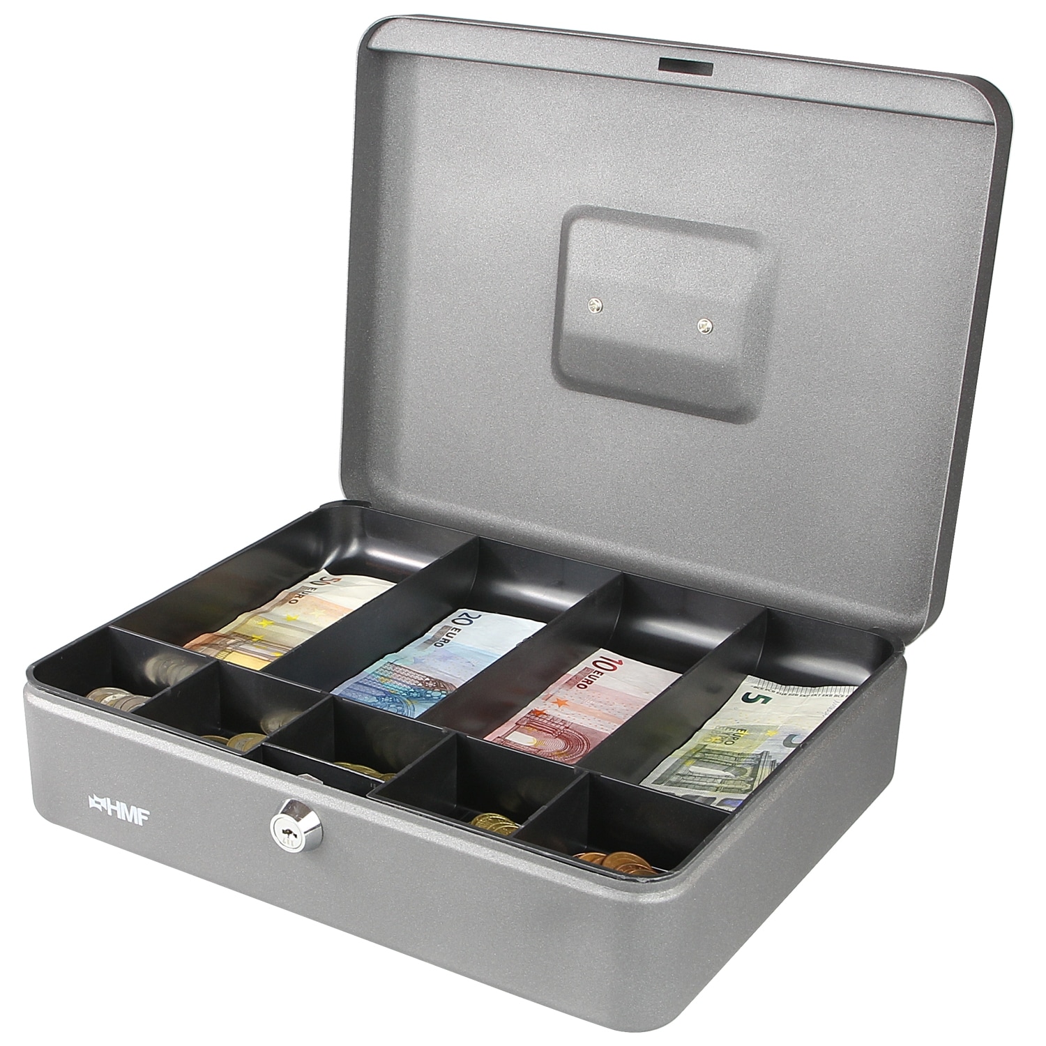 HMF Geldkassette abschlie&szlig;bar, Kasse mit 5 M&uuml;nzf&auml;chern und 4 Geldscheinmulden, 30 x 24 x 9 cm, Silber 