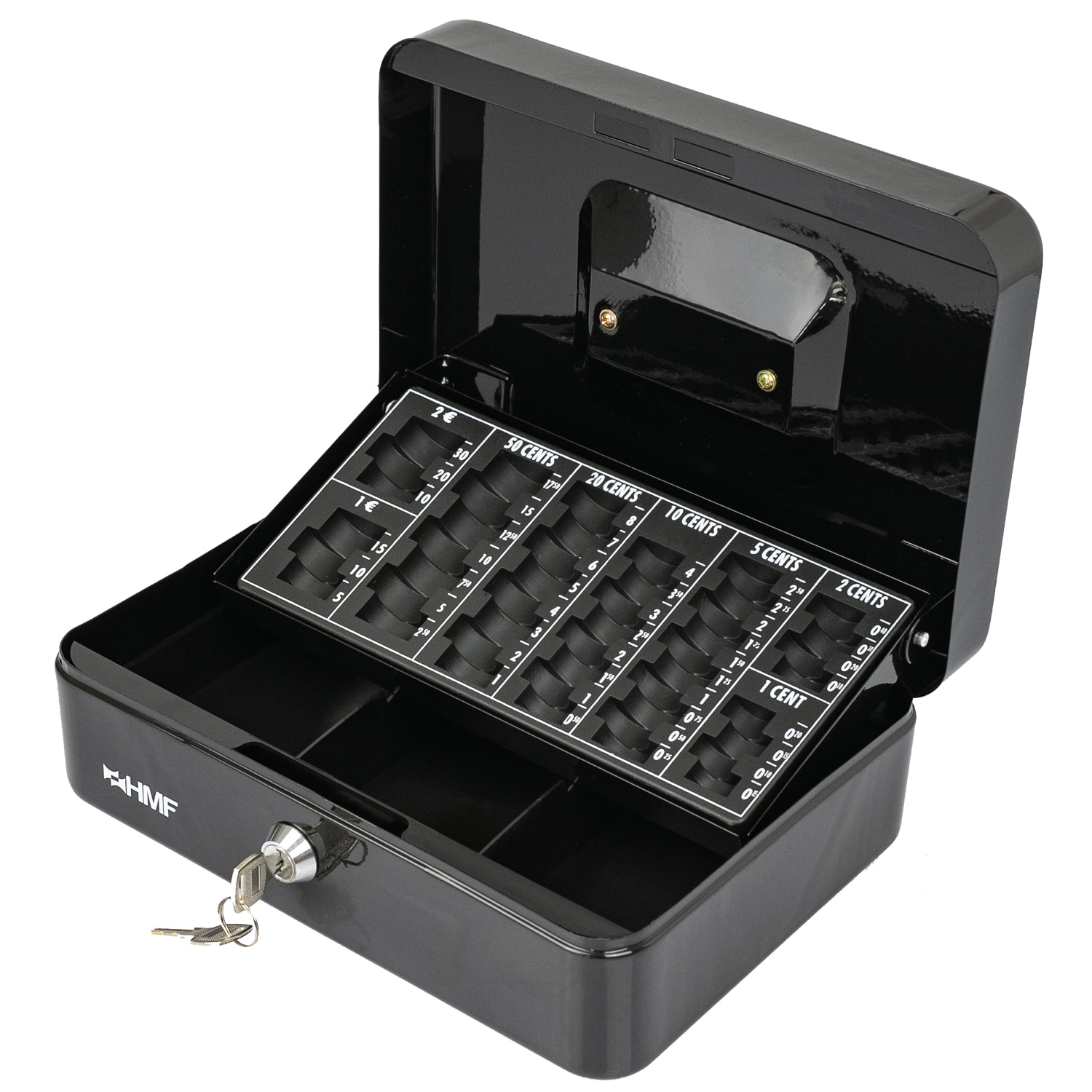 HMF Geldkassette abschlie&szlig;bar, Kasse mit Euro M&uuml;nzz&auml;hlbrett, 3 Banknotenf&auml;cher, 25 x 18 x 9 cm, Schwarz 