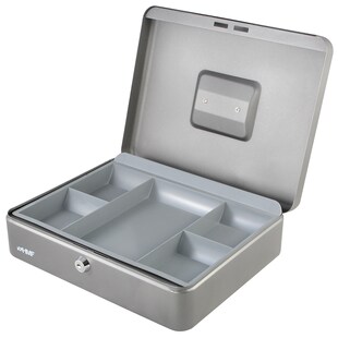 HMF Geldkassette abschließbar, Kasse mit Münzeinsatz, 5 Münzfächer, 30 x 24 x 9 cm, Silber 
