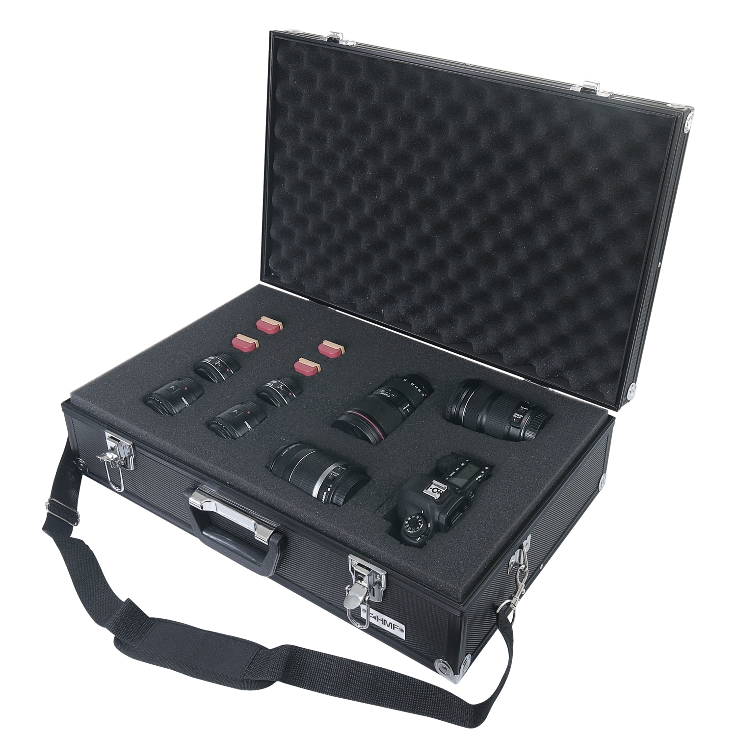 HMF 14521-02 Alu Fotokoffer, Waffenkoffer mit Rasterschaumstoff, 56,5 x 36 x 16 cm, Schwarz 