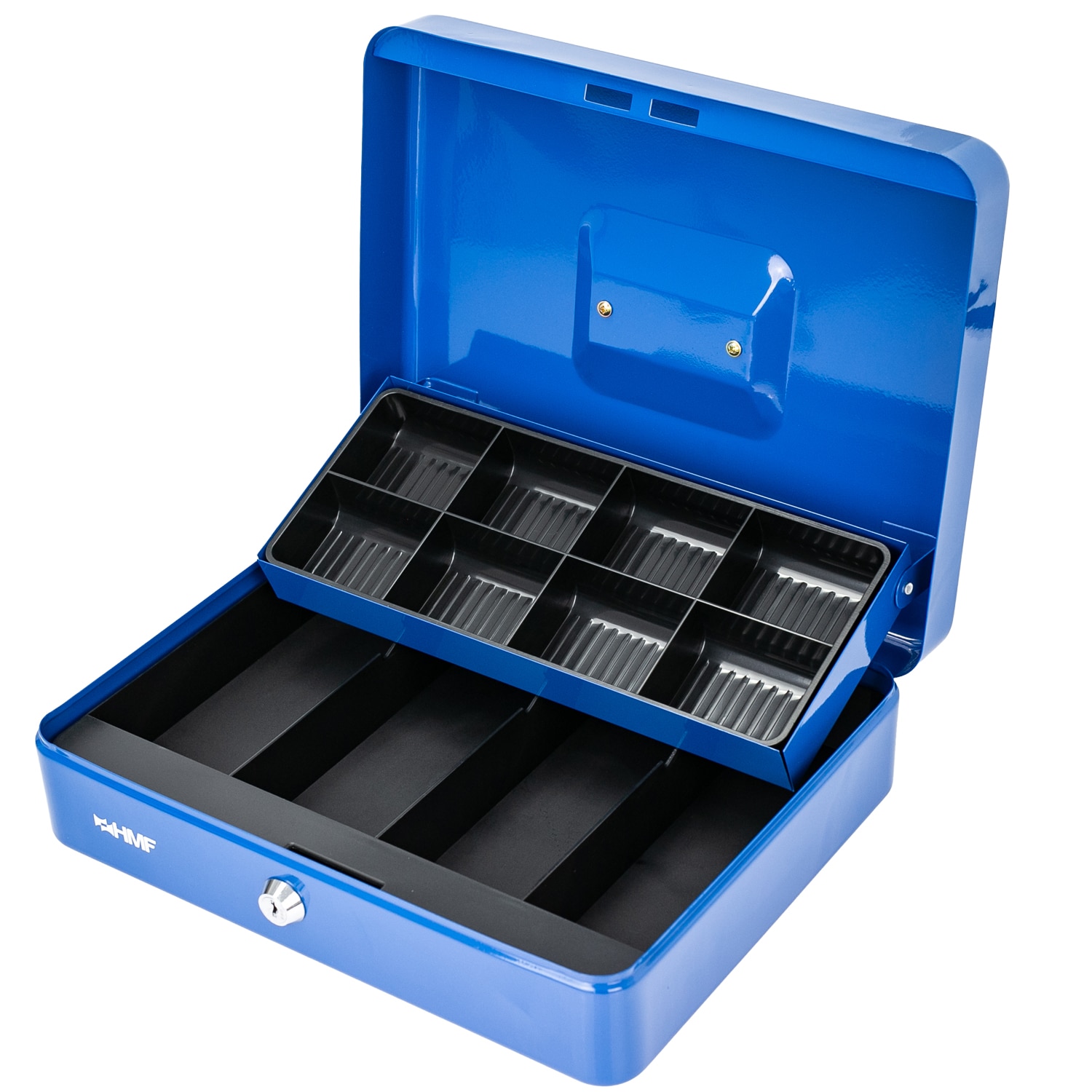 HMF Geldkassette mit 8 M&uuml;nz- und 4 Geldscheinf&auml;chern, 30 x 24 x 9 cm, blau 