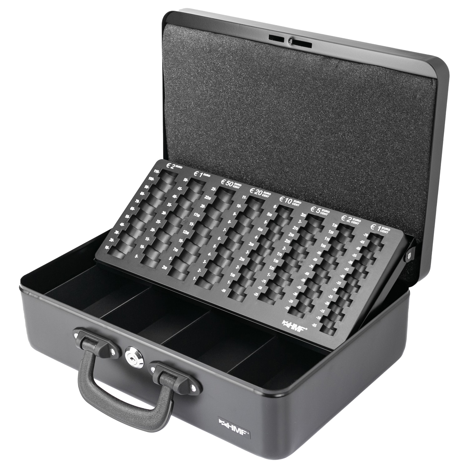 HMF Geldkassette mit M&uuml;nzz&auml;hlbrett und Griffen, 36 x 25 x 11 cm, Schwarz 