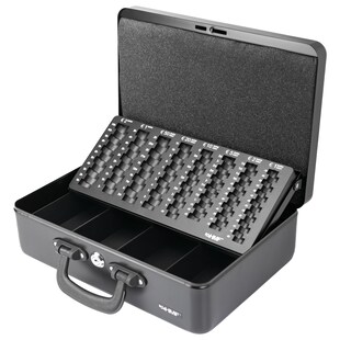 HMF 22037-02 Geldkassette mit Münzzählbrett und 2 Tragegriffen, 36 x 25 x 11 cm, Schwarz 