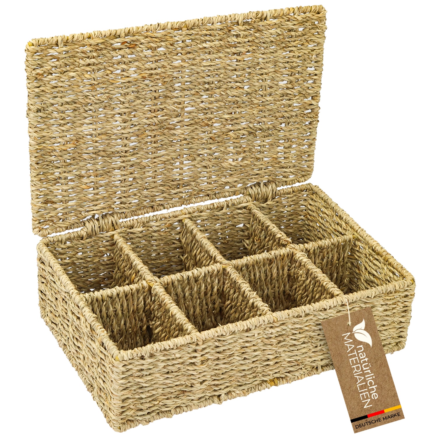 HMF Teebox f&uuml;r Teebeutel geflochten aus Seegras, Tee Aufbewahrungsbox mit 8 gro&szlig;en F&auml;chern, 33 x 21 x 10 cm 