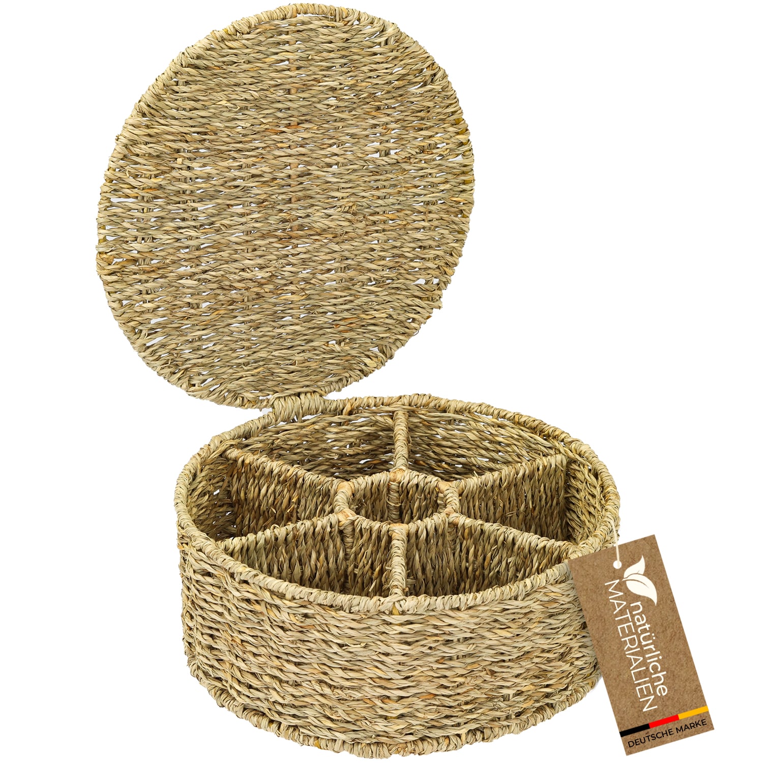 HMF Teebox f&uuml;r Teebeutel geflochten aus Seegras, Tee Aufbewahrungsbox mit 7 gro&szlig;en F&auml;chern, 27 x 27 x 11 cm 