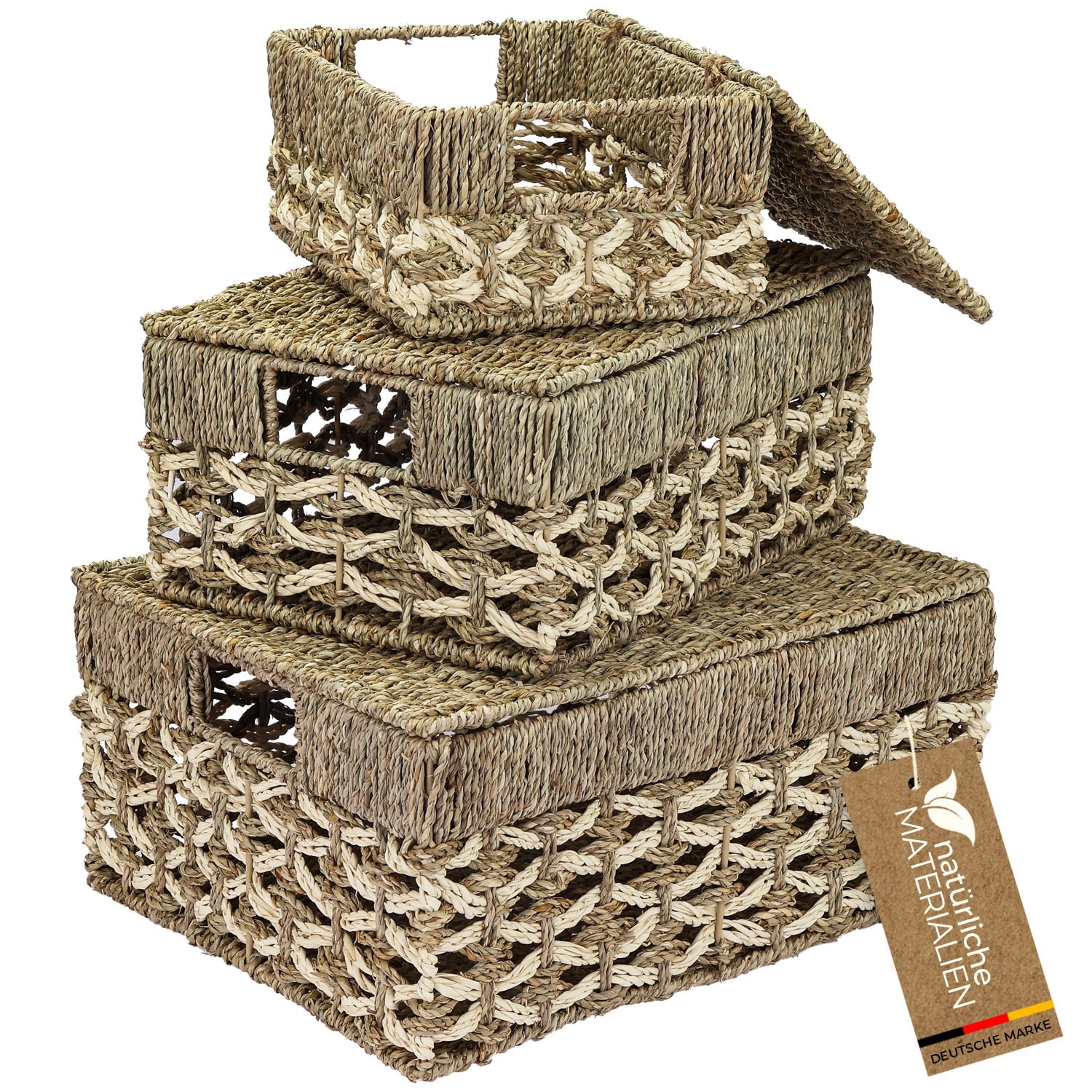 HMF Aufbewahrungskorb mit Deckel, 3er-Set, Korb geflochten aus Seegras und Palmbl&auml;ttern, Klein, Mittel, Gro&szlig; 