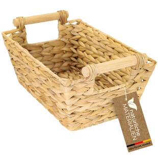 HMF Aufbewahrungskorb Badezimmer, Korb mit Holzgriffen geflochten aus Wasserhyazinthe, lang und eckig, 30 x 20 x 12 cm 