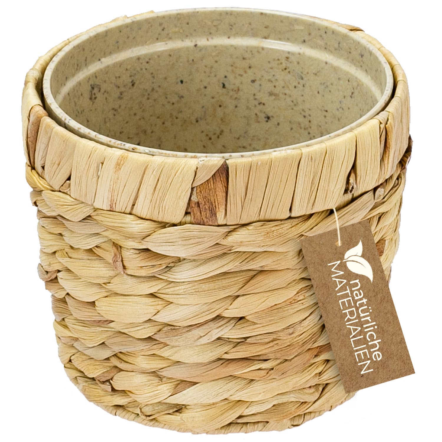 Innovativer Blumentopf geflochten aus Wasserhyazinthe, mit Pflanztopf aus nachhaltigen Rohstoffen, Rund, HMF 37280, 14 cm Durchmesser 